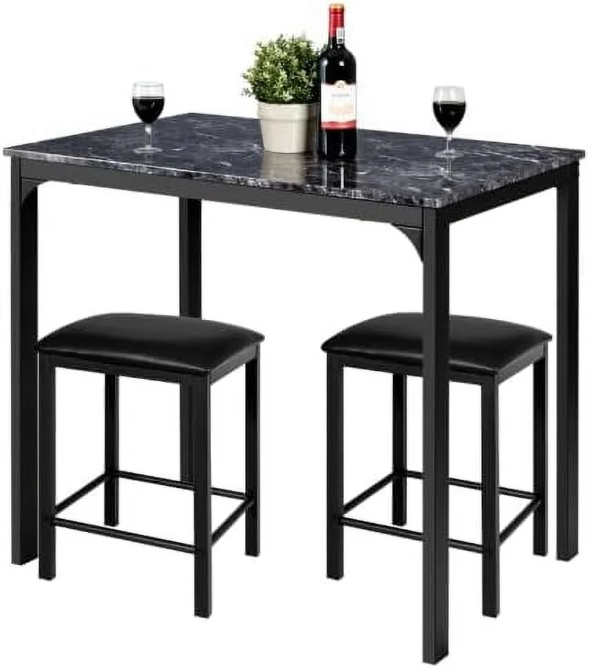 ZWNLKQG Dining Table Set for 2 w/Faux Mable Tabletop and PU Leather Stools  3 Pieces Table and Chairs  2 Person Kitchen Table Set for Bistro  Cafe (Black)