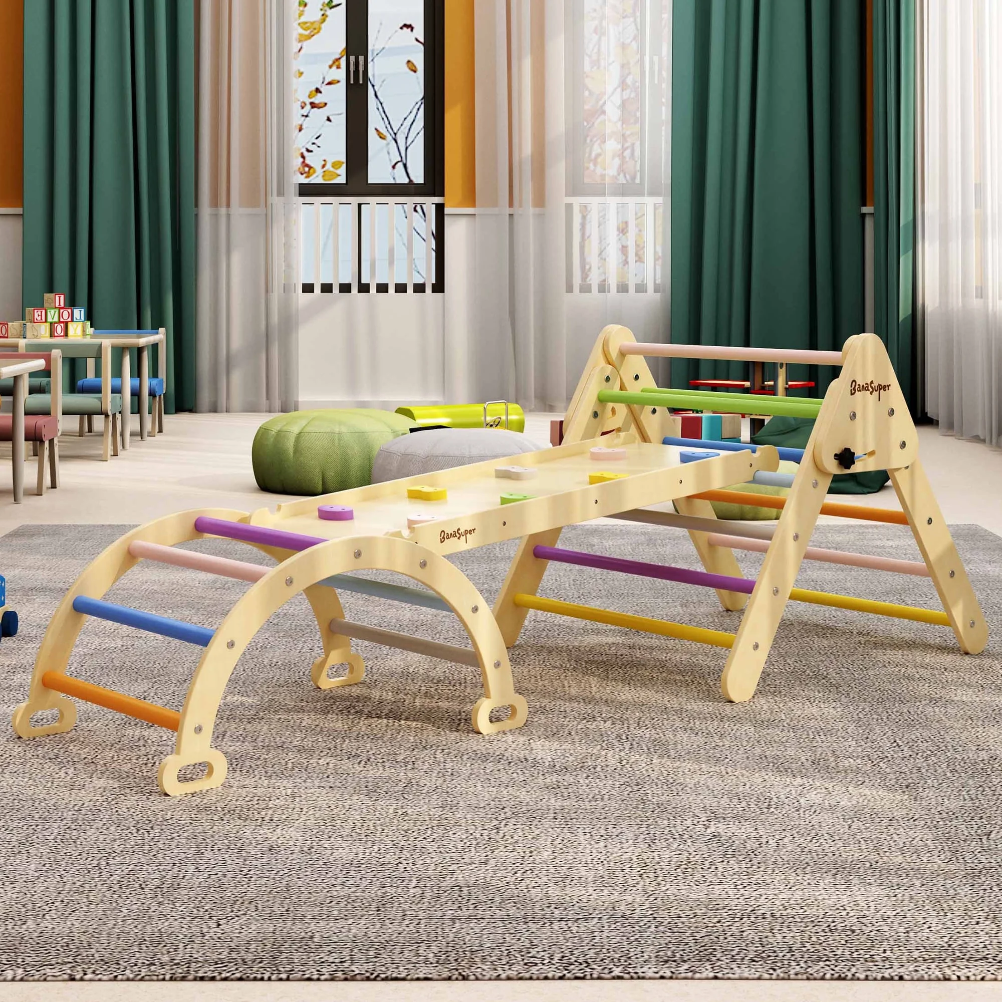 BanaSuper Colorful 3 in 1 Climbing Triangle Ladder with Ramp & Arch Foldable Wooden Triangle Climber Set Montessori Climbing Toys for Kids Ourdoor Indoor Playground Play Gym