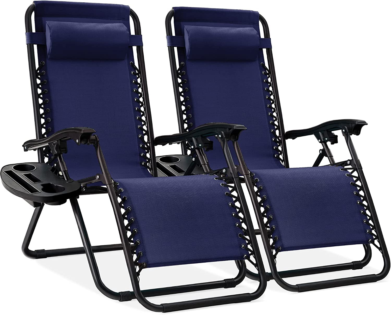 Set of 2 Adjustable Steel Mesh Zero Gravity Lounge Chair Recliners w/Pillows and Cup Holder Trays, Navy Blue