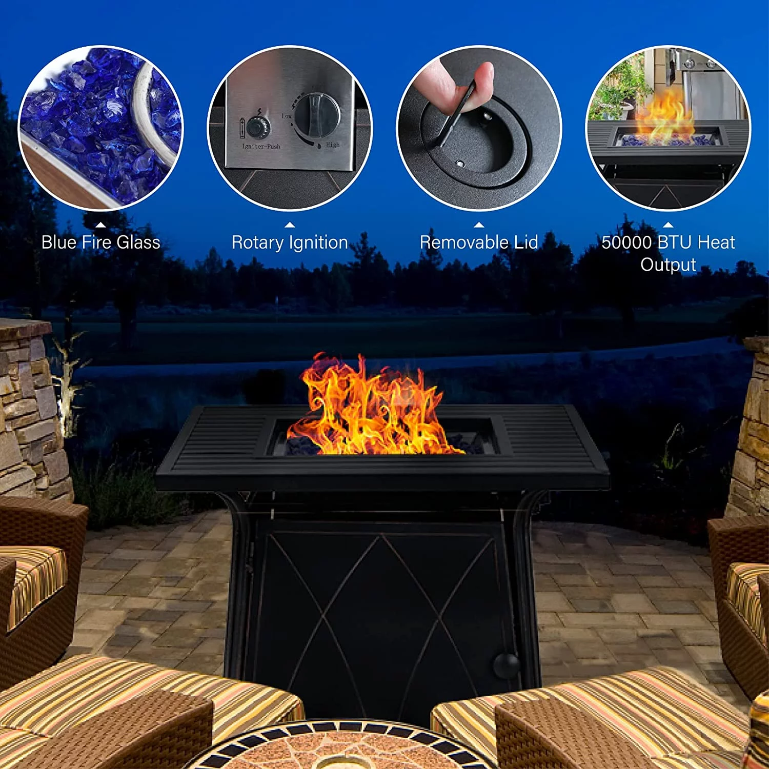 6 Pieces Outdoor Patio Furniture Set with 45" Plate Embossing Propane Fire Pit Table Outdoor Wicker Sectional Sofa Conversation Set with Blue Cushions & Coffee Table