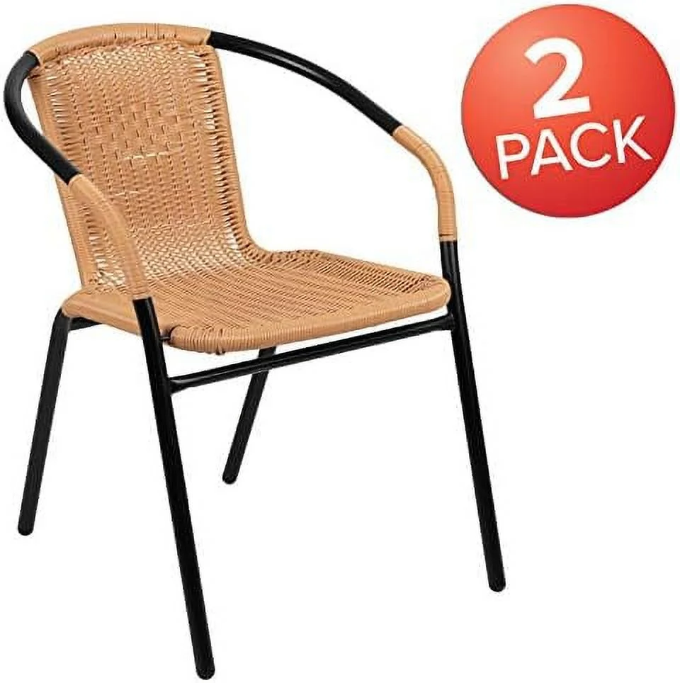 HBLUKDL 2 Pack Black Rattan Indoor-Outdoor Restaurant Stack Chair with Curved Back