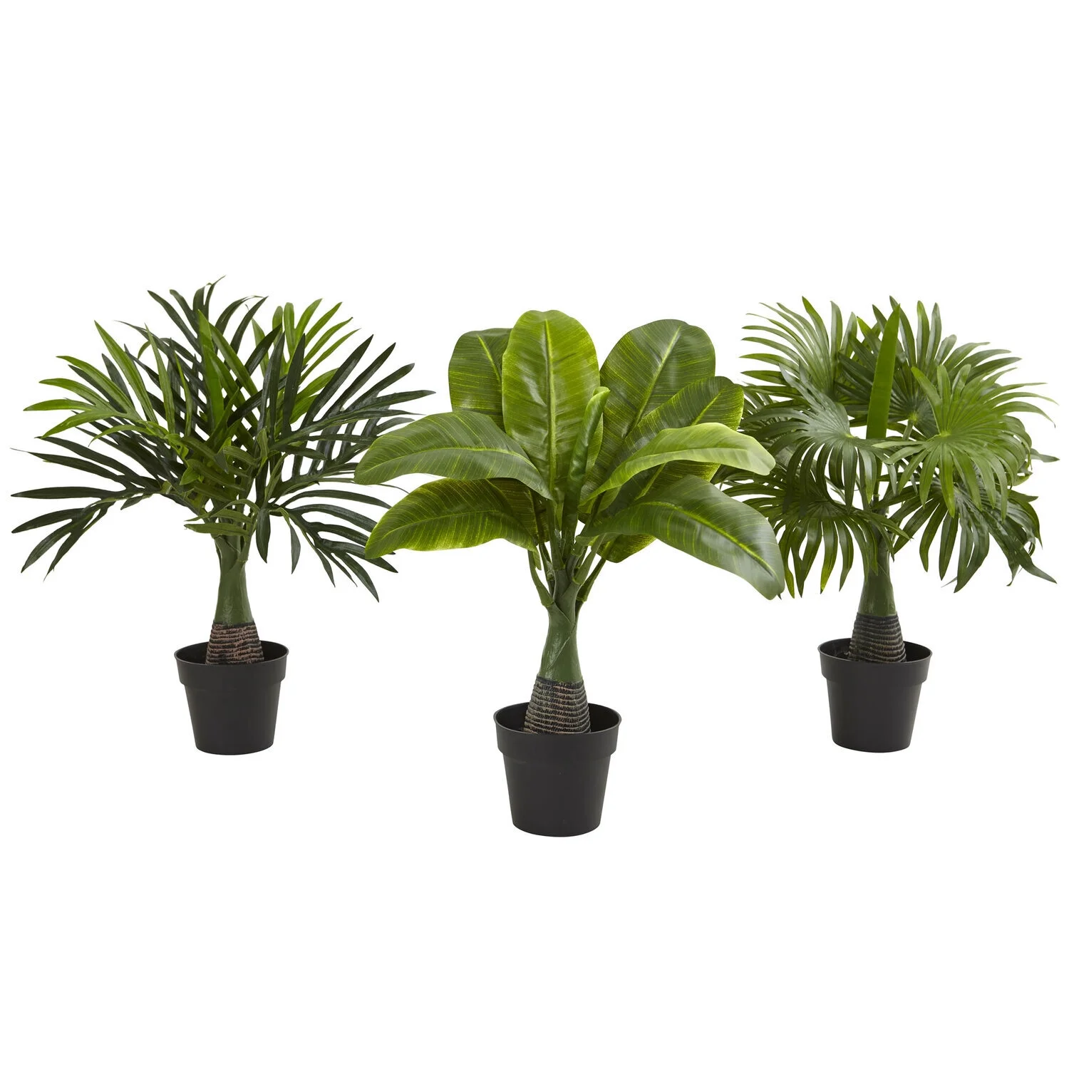 HomeStock Modern Motifs Areca, Fountain & Banana Palm Artificial Trees (Set Of 3)