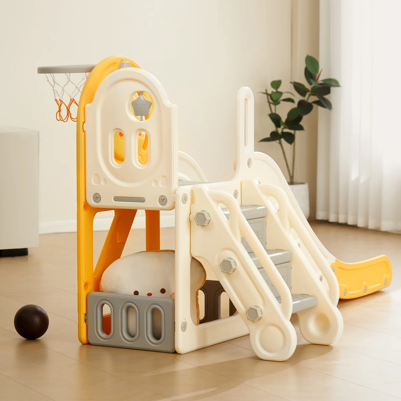 BENTISM Kids Slide Playset Toddler Indoor Playground w/Basketball Hoop Store Space