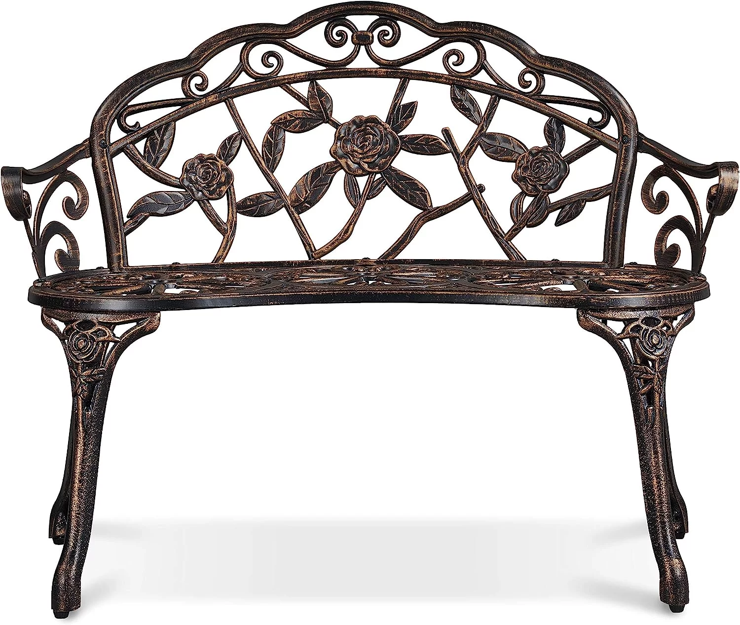 Outdoor Garden Bench Patio Park Bench, Aluminum Floral Rose Accented Antique Metal Bench Loveseat, Outdoor Yard Furniture