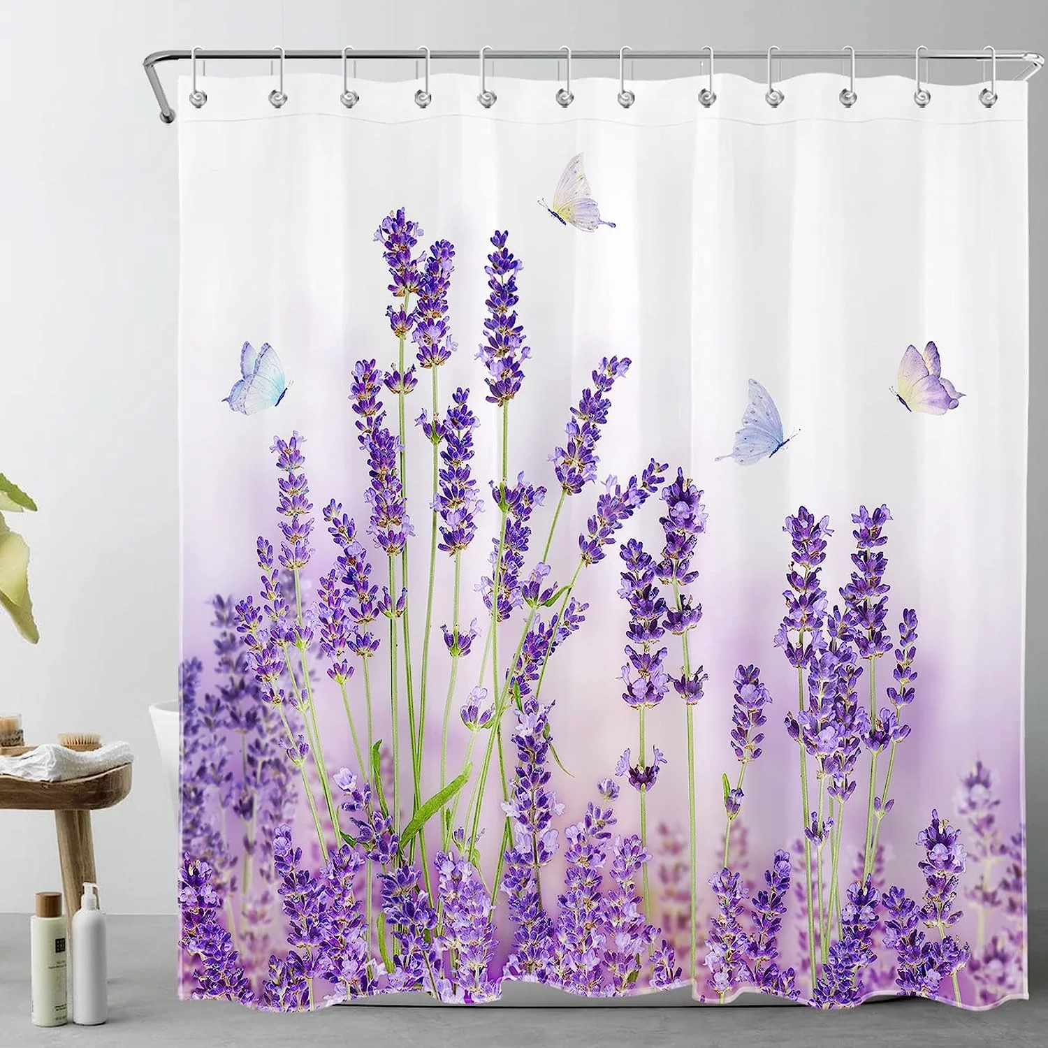 SPXUBZ Lavender Flower Shower Curtain Purple Floral with Butterfly Waterproof with Hooks,72X72 inch