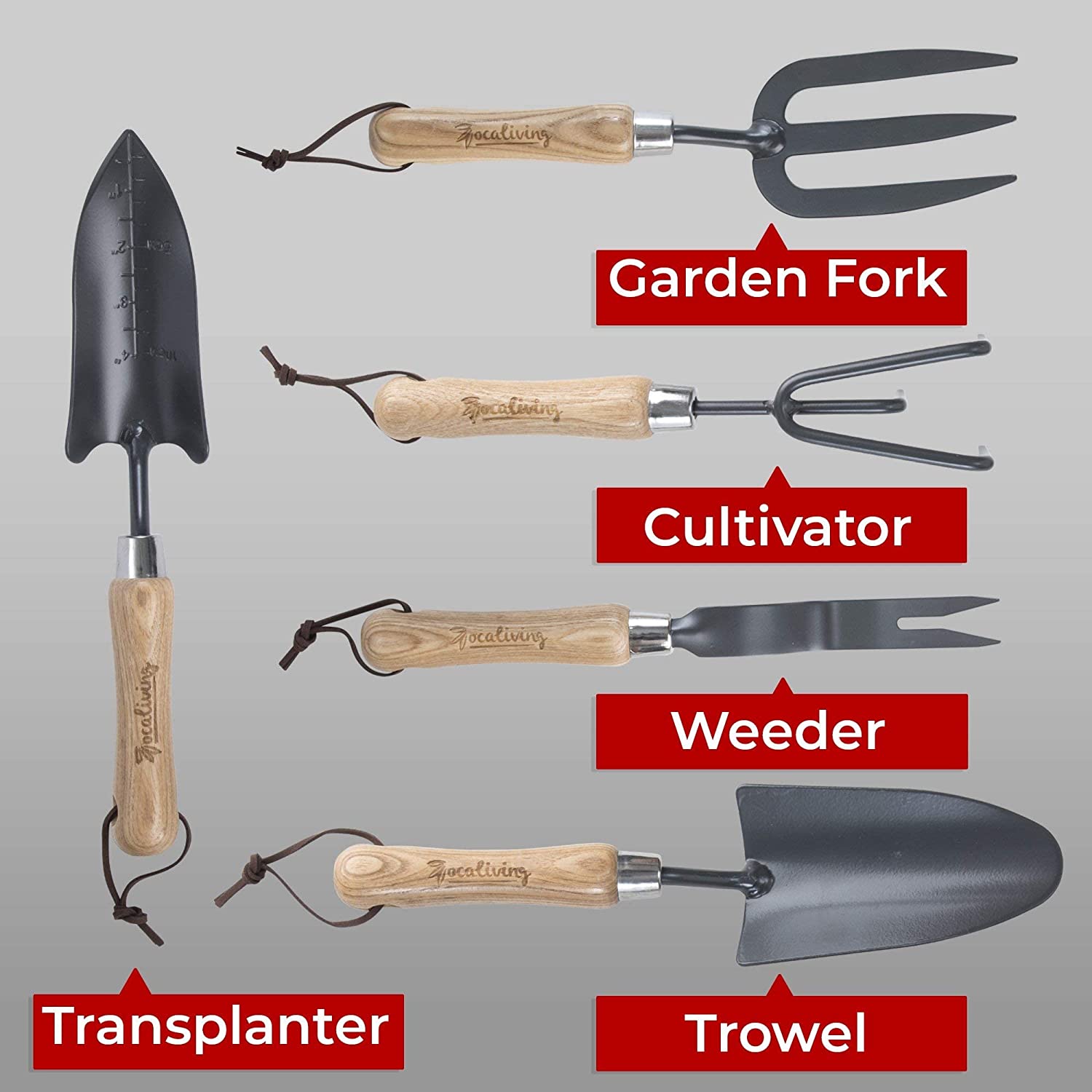 z Garden Tool Set- Gardening Tools -Planting Trowel  Fork  Weeder  Transplanter  Rake & 6 Pocket Storage Bag -Heavy Duty Gardening Kit- Gardening Gift Women Men -Wood Handle Tools