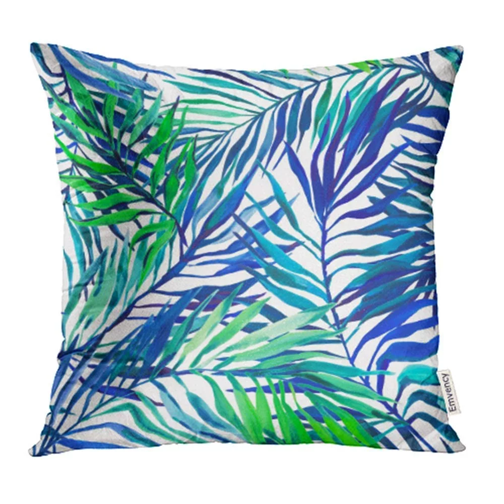 Tropical with Areca Palm Leaf Colorful Vivid Gouache Hand Jungle Leaves Summer Pillow Case Pillow Cover 18x18 inch Throw Pillow Covers