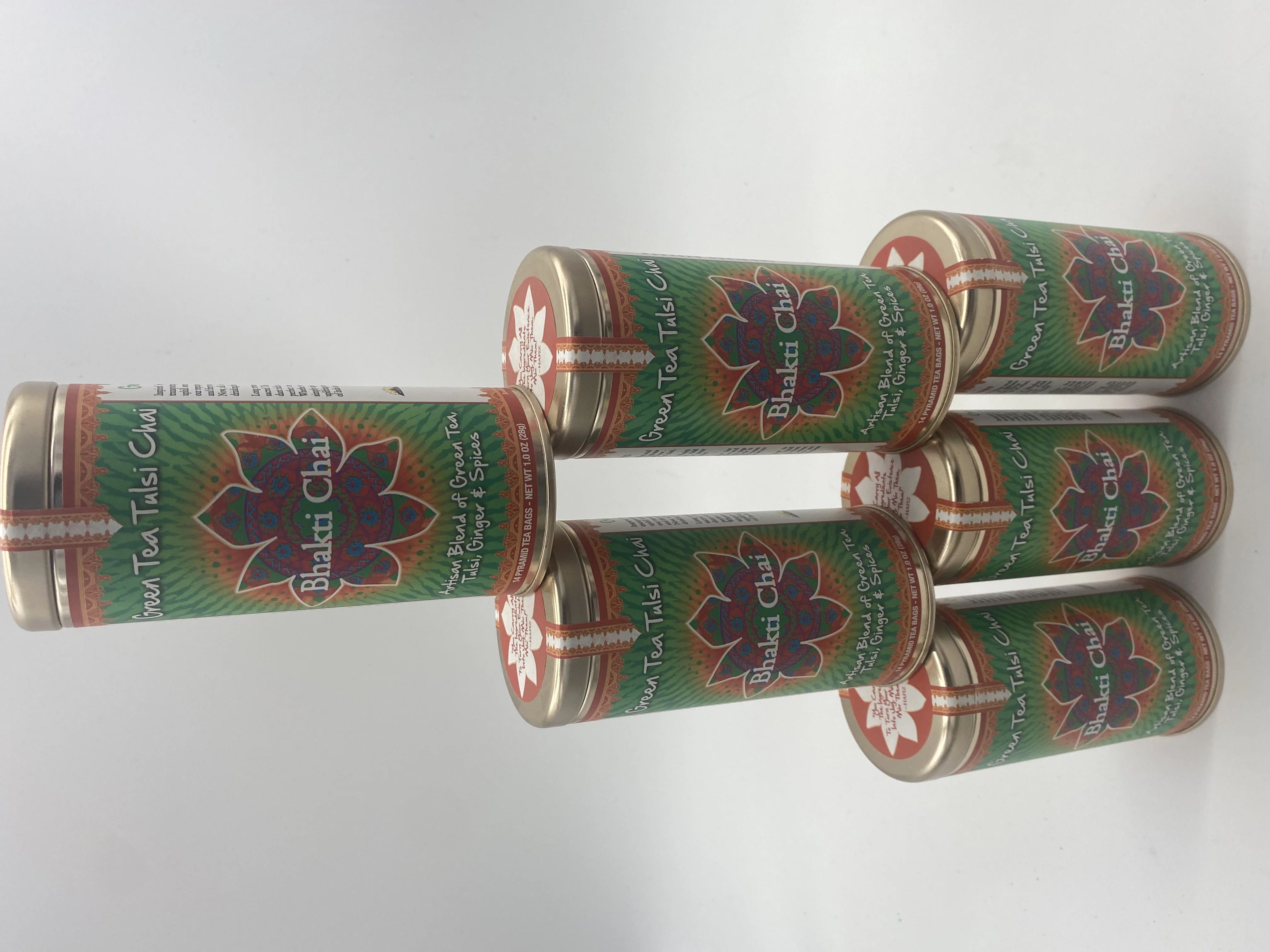 Green Tea Tulsi Chai Bhakti Chai Artisan Blend of Green Tea Tulsi,Ginger & Spices (6 Canisters) 16 Silk Pyramid Bags Each