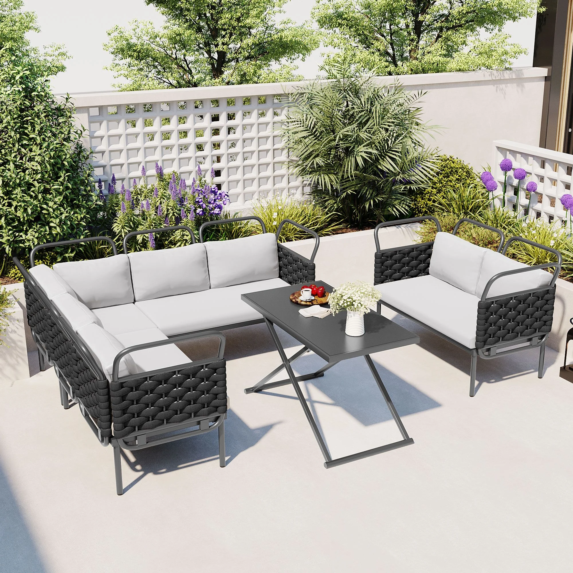 5-Piece L-Shaped Modern Patio Furniture, Outdoor Woven Rope Conversation, All Weather Sectional Sofa Set with Glass Table and Cushions