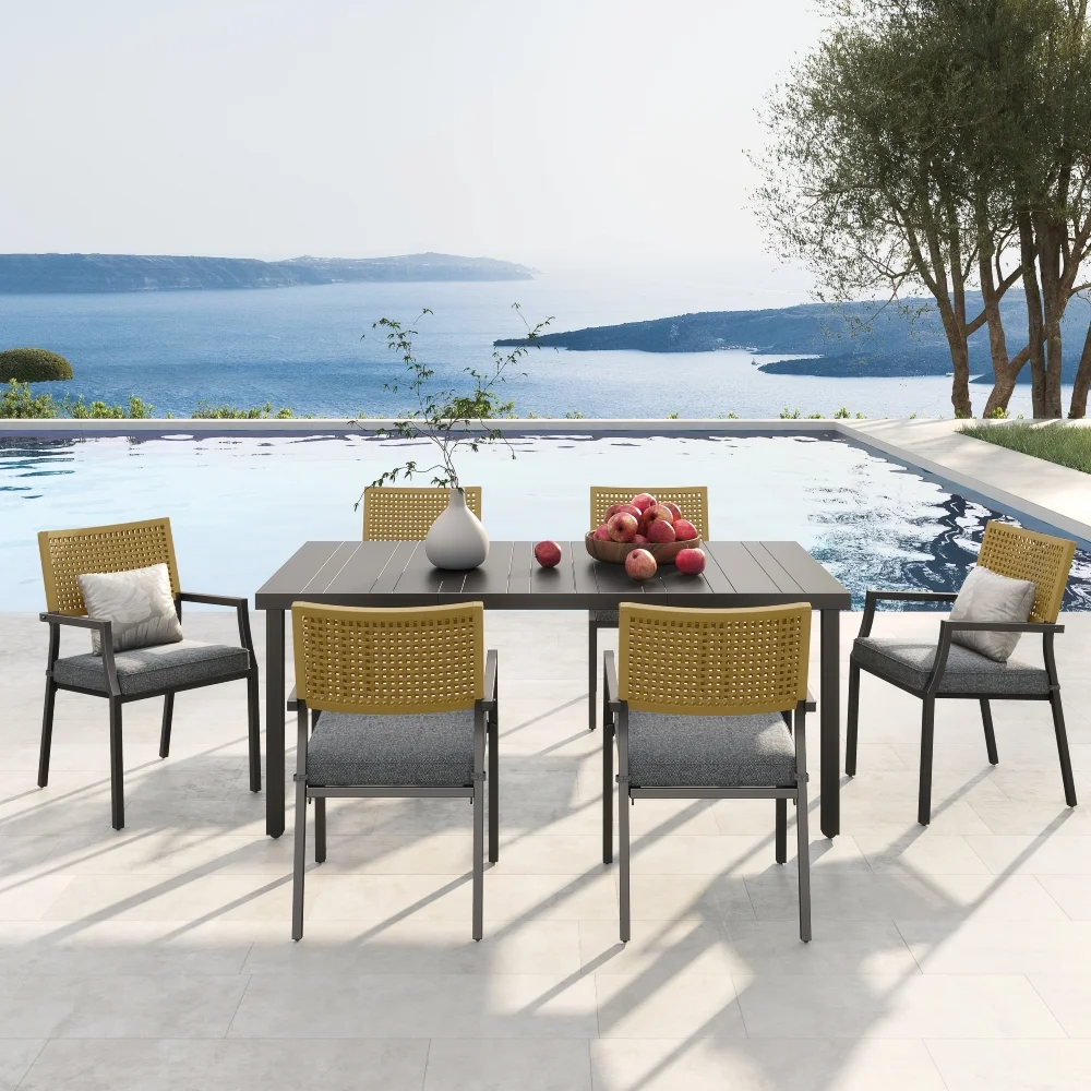Grand Patio Outdoor Dining Set 7, Patio Furniture Sets for 7, 6 Open Woven Chair and Extrending Dinning Table, 4-6 Person Use for Yard, Poolside, Parties-Grey