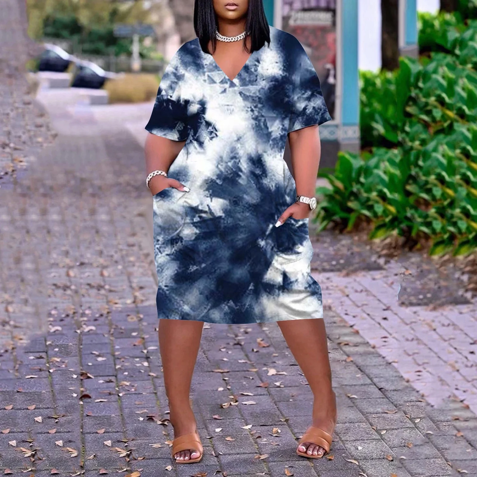 Summer Mini Skirt Women'S Large Size Tie Dye Printed V Neck Comfortable Loose Dress Short Sleeved Knee Length Dress With Pockets Skirt Sets Women 2 Piece Outfits Dressy