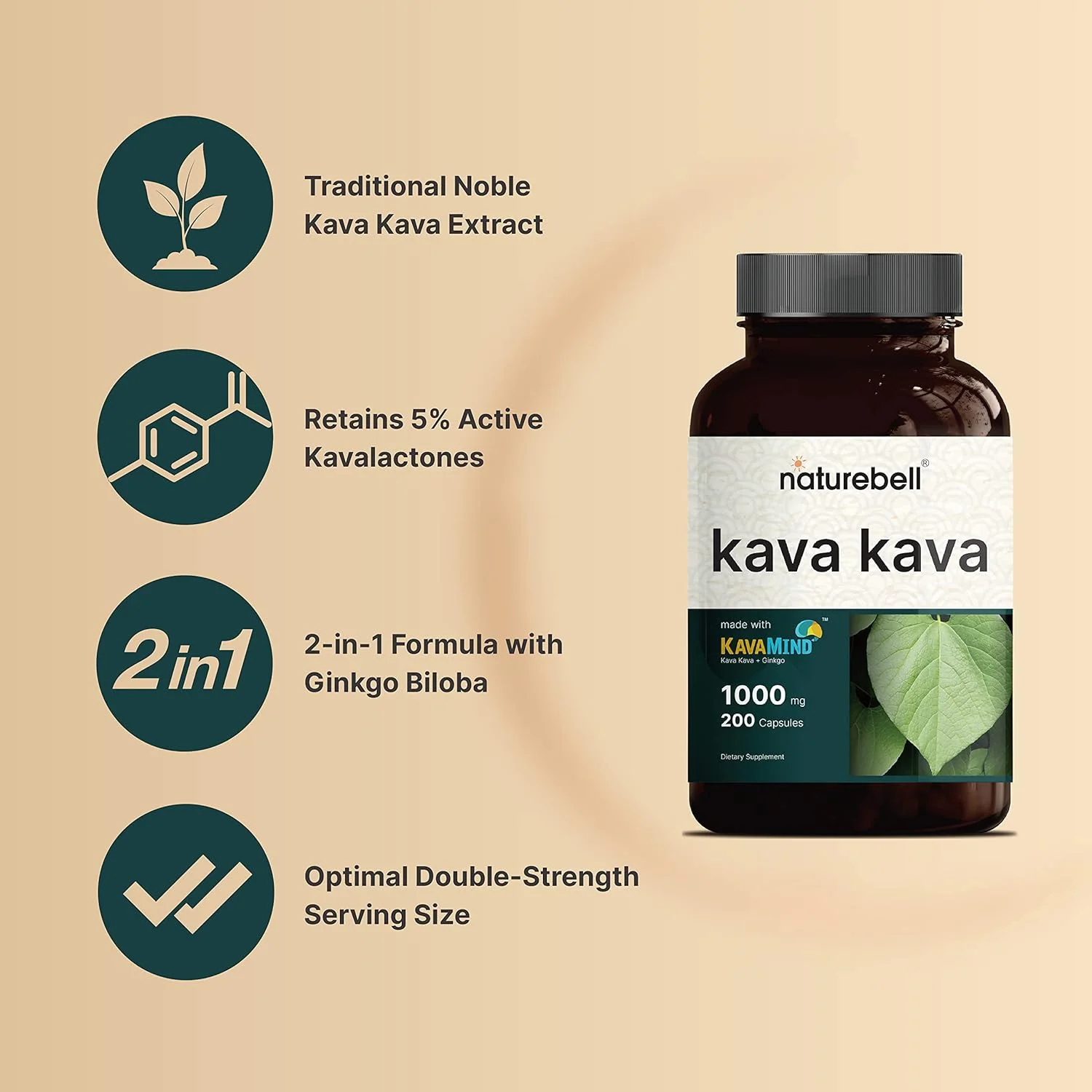 NatureBell Kava Kava Capsules 1000mg with Ginkgo Biloba, 200 Count | Noble Kava Root Extract with Active Kavalactones – Herbal KavaMind Relaxation Complex – Plant Based, Non-GMO