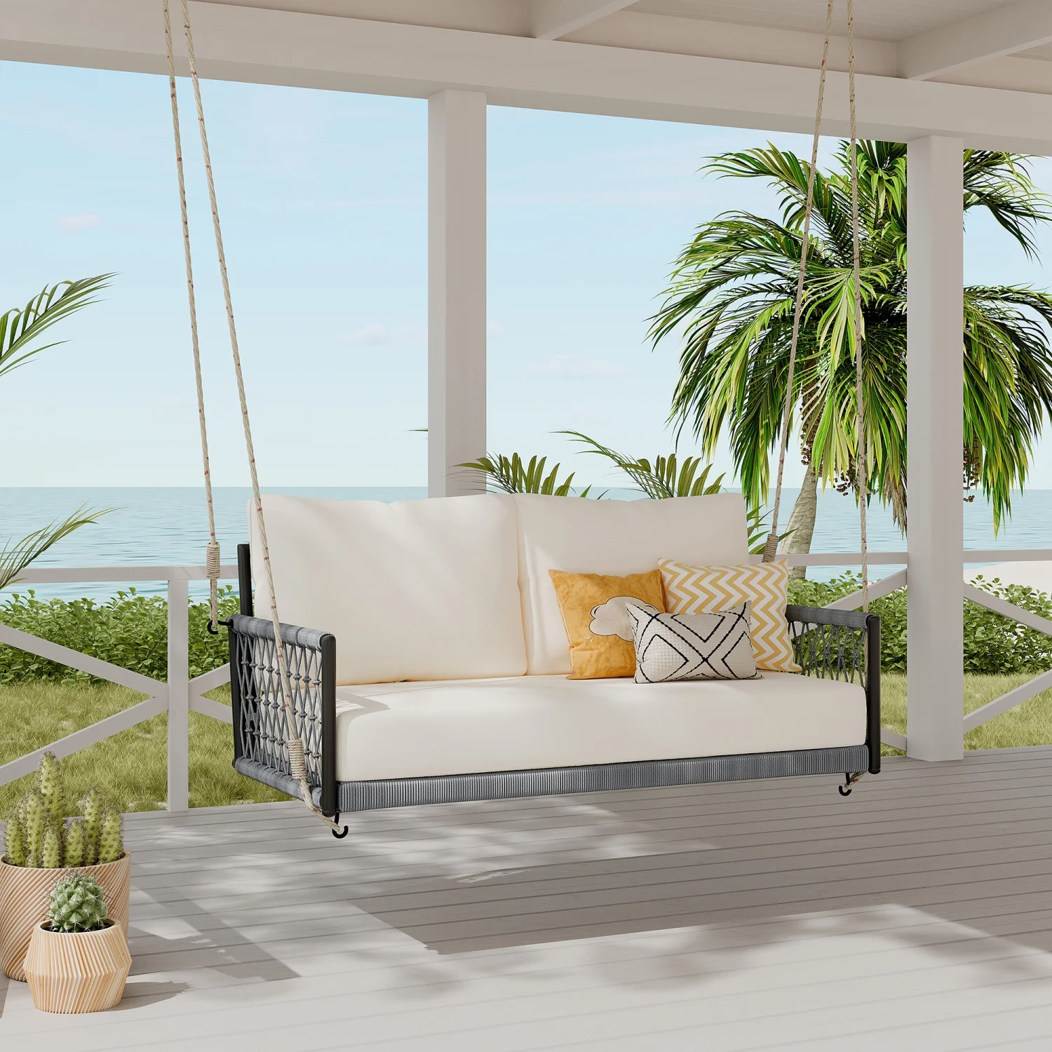 Churanty Outdoor Swing Sofa with Soft Cushions Seating 2, 1 Piece Woven Rope Hanging Seat Porch Swing Chair, Two-Person Outdoor Swing Sofa, Hanging Patio Bench for Patio,Beige