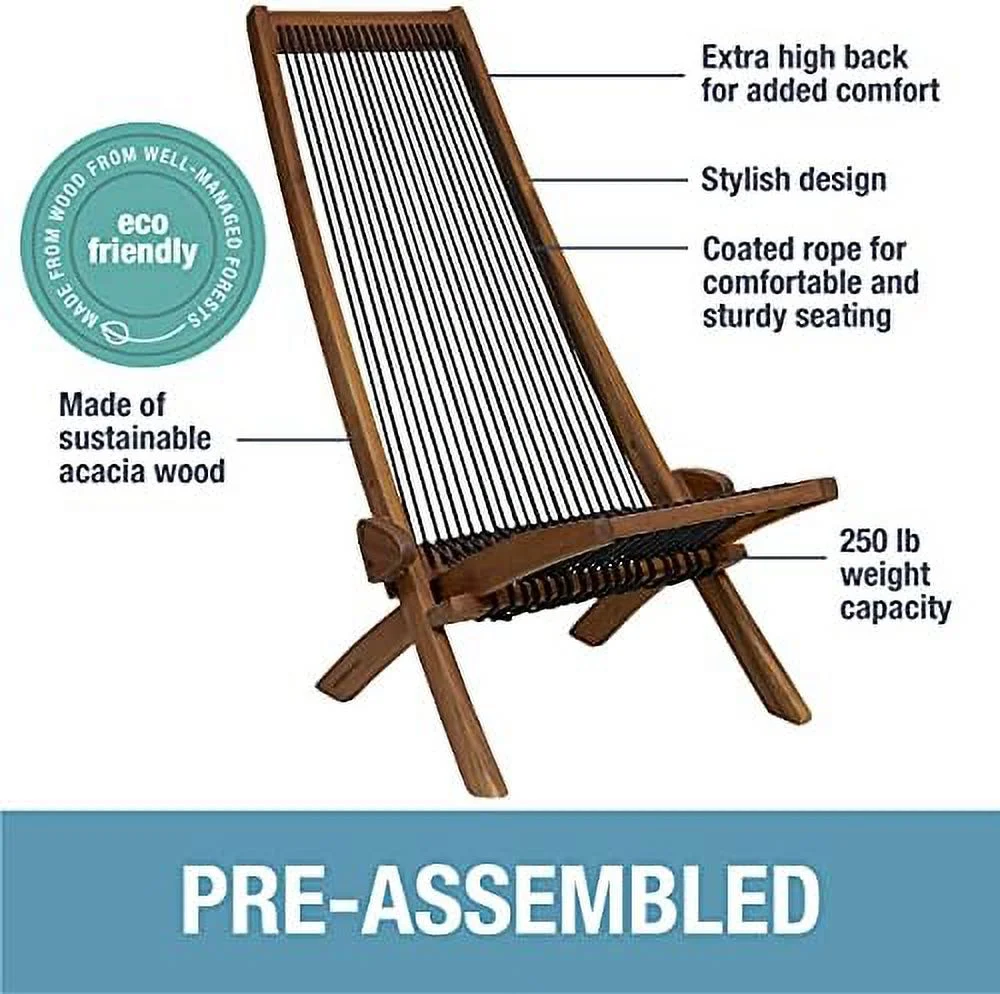 TJCGDTY Tamarack Folding Rope Chair - Foldable Outdoor Low Profile Wood Lounge Chair for the Patio  Backyard  and Deck  No Assembly Required
