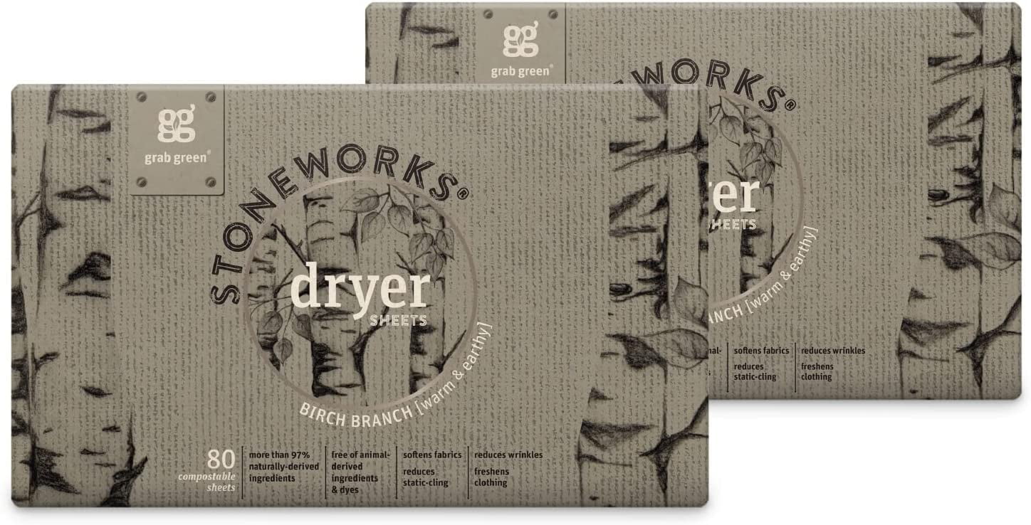 Grab Green Natural, Stoneworks Dryer Sheets, Birch Branch, 160 Sheets (2 pack)