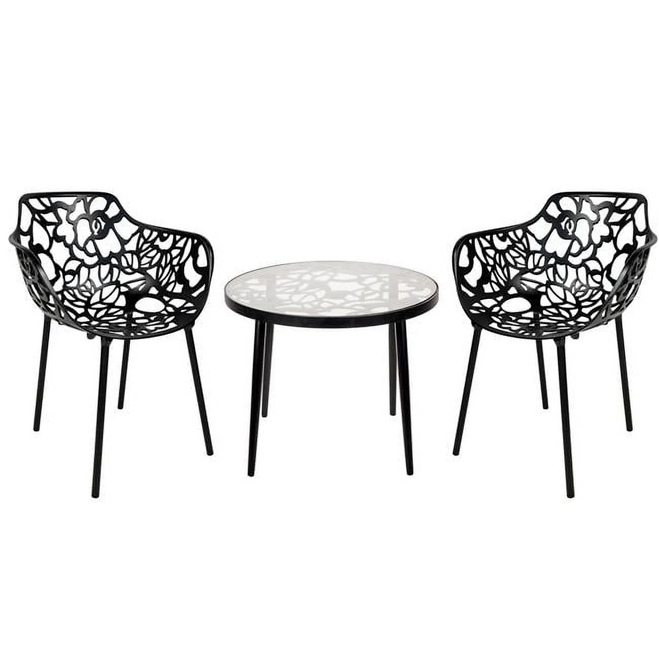 19 x 23 x 23 in. Devon Mid-Century Modern 3 Piece Aluminum Outdoor Patio Dining Set with Tempered Glass Top Table & 2 Stackable Flower Design Arm Chair, Black