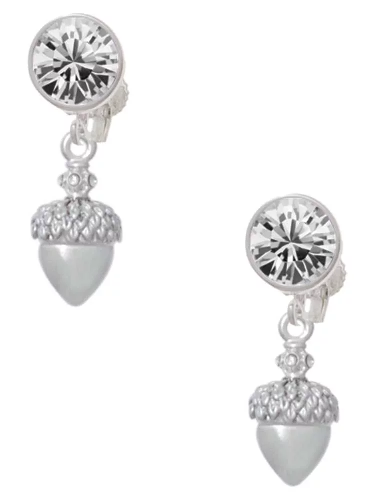 Silvertone Small Acorn with Crystals Clear Crystal Clip On Earrings
