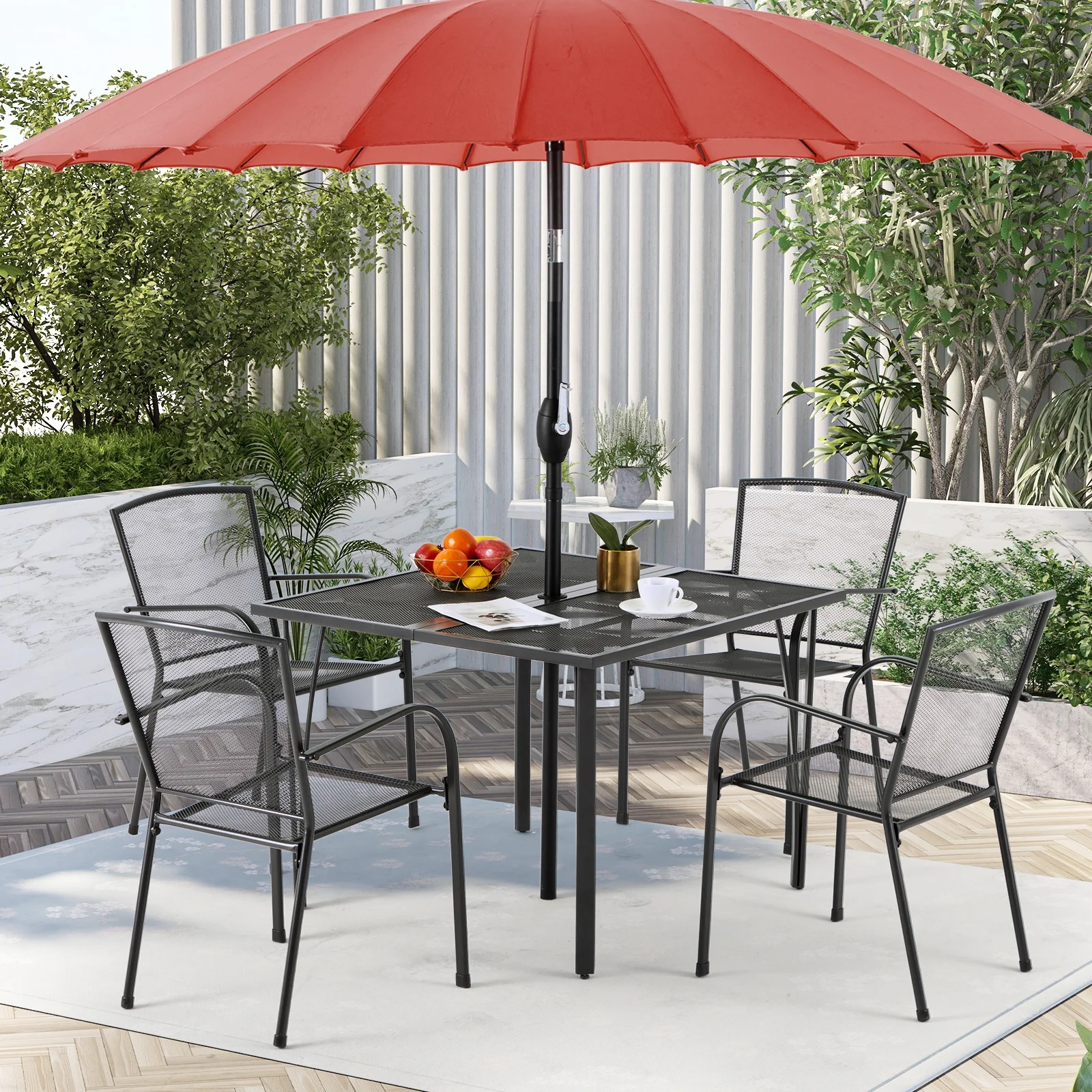 AECOJOY 5-Piece Outdoor Patio Dining Set with 4 Stackable Patio Dining Chairs and Square Patio Metal Table for Yard Garden Backyard Poolside, Dark Gray