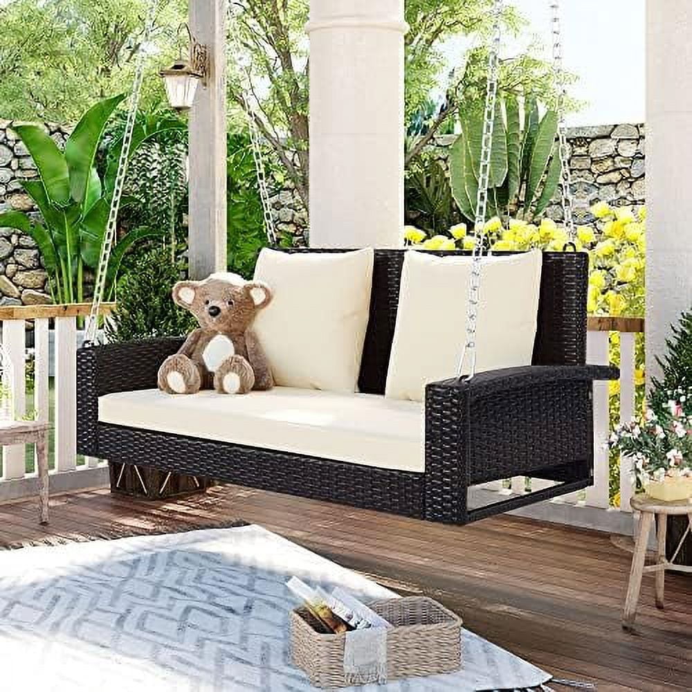 YPDCHB 2-Seater Wicker Hanging Porch Swing Bench with Hanging Chains for 2 Patio  Swing Rattan Swing Bench for Garden  Backyard  Pond
