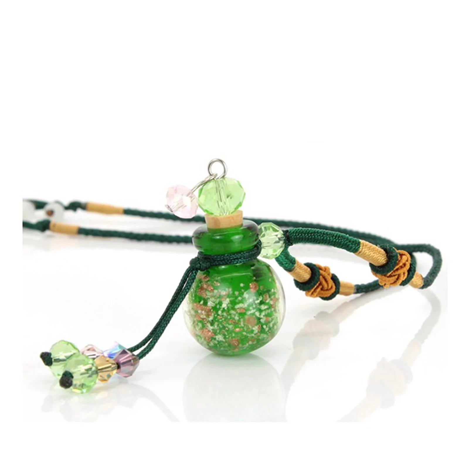 Refillable Empty Lovely Gourd Shaped Essential Oil Bottle Pendant Necklace, Adjustable Rope Fragrances 1ml Perfume Bottle Urn Bottles , Green