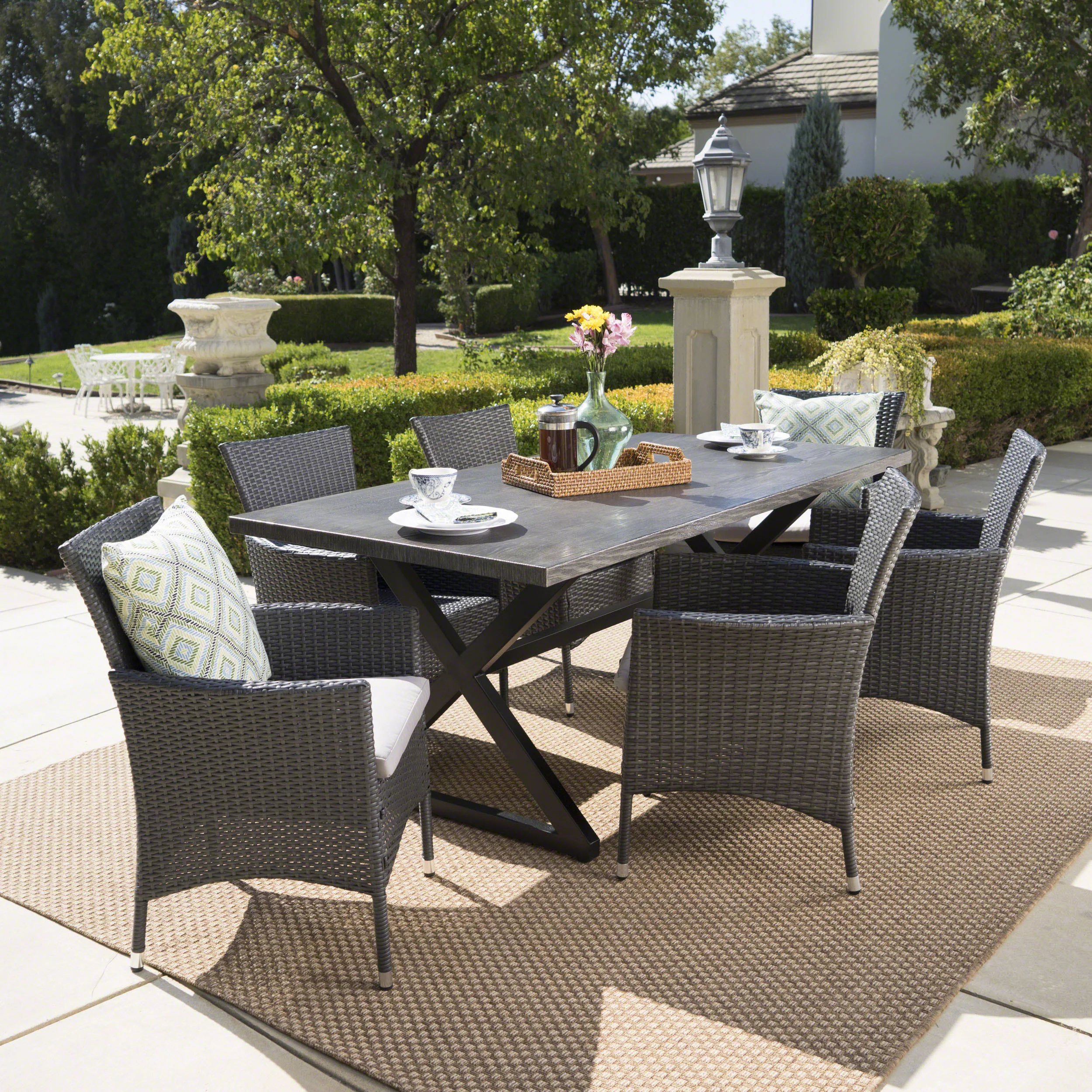 Damian Outdoor 7 Piece Aluminum Dining Set with Wicker Dining Chairs with Cushions,Silver,Grey