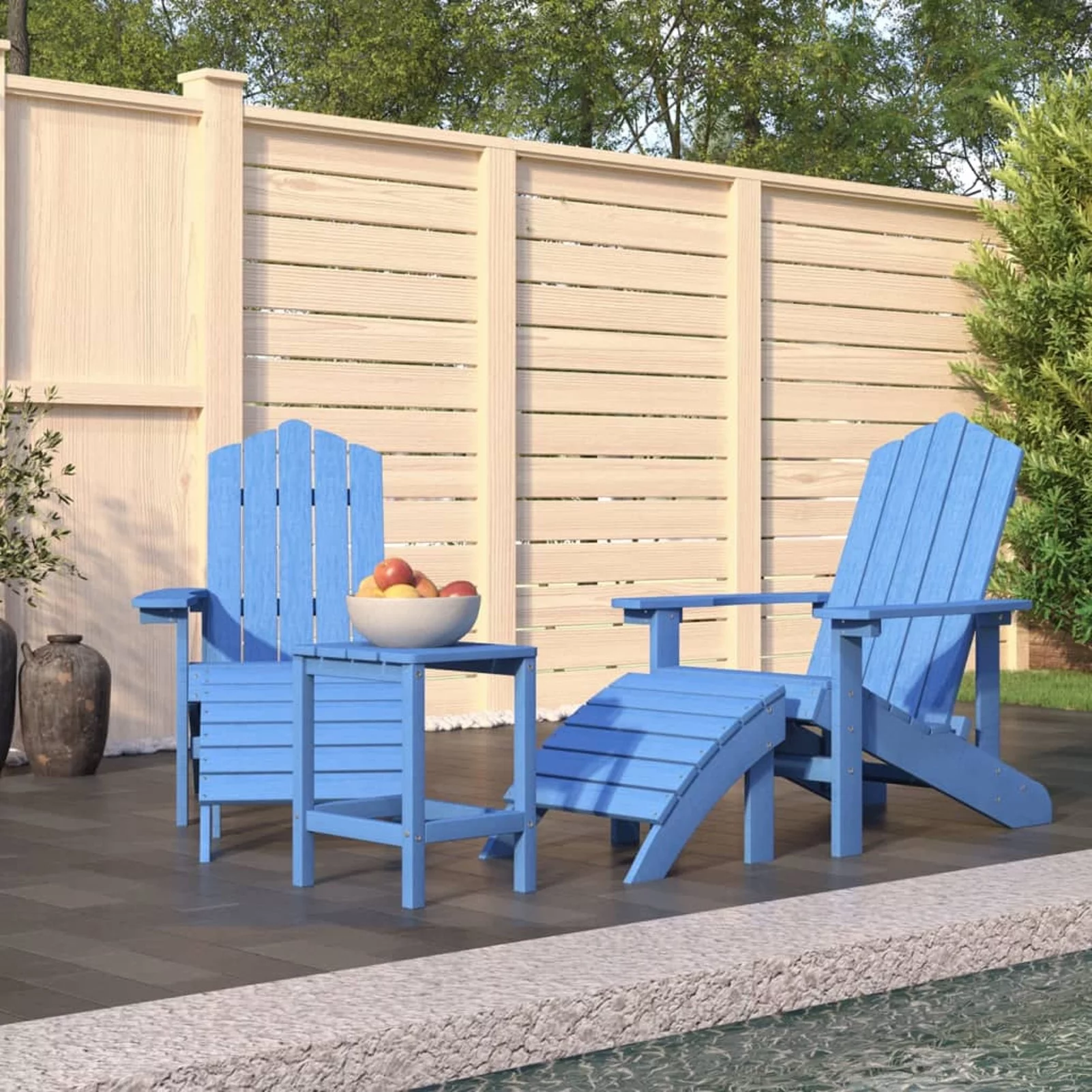 OWSOO Patio Adirondack Chairs with Footstool & Table HDPE Aqua Blue