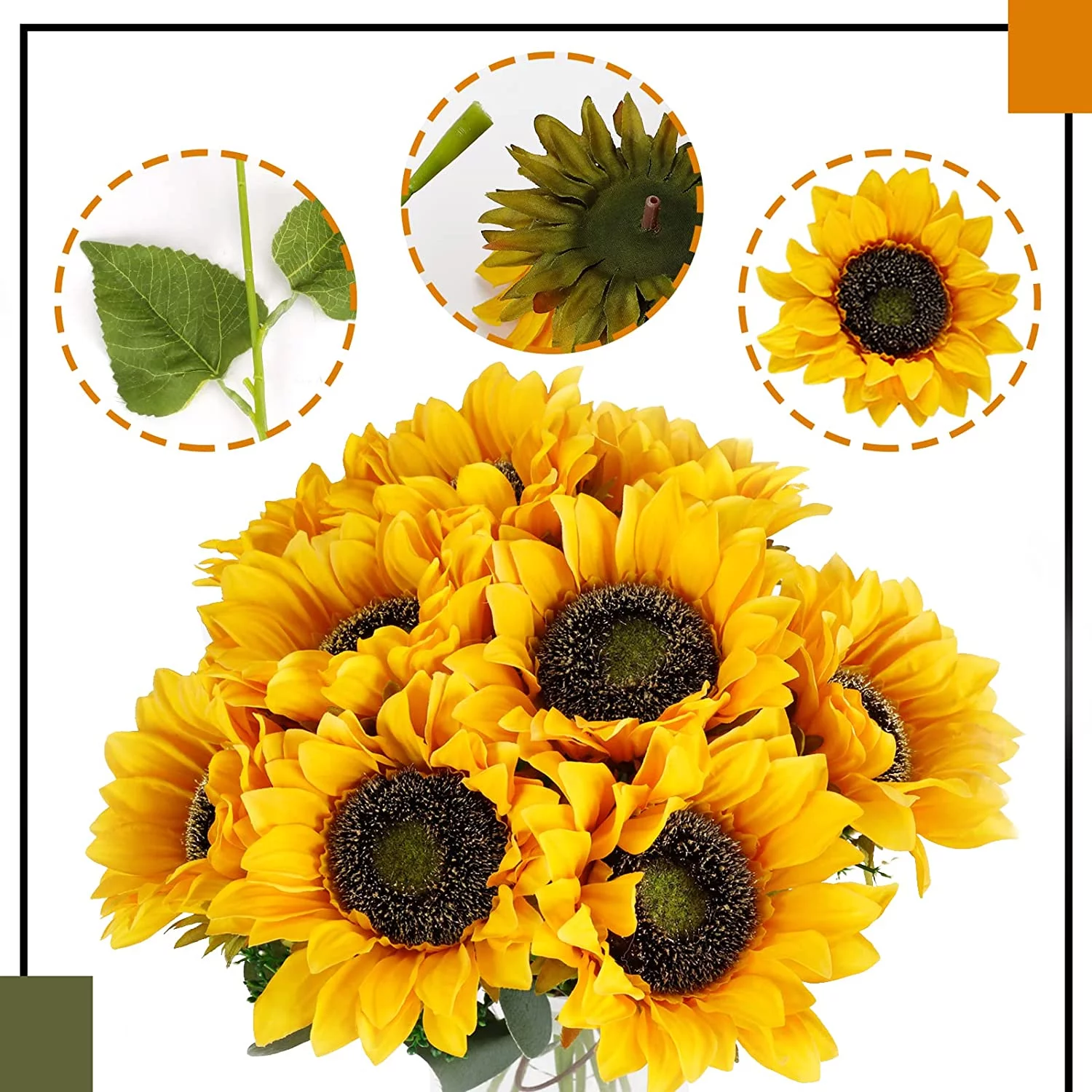 6PCS Artificial Golden Sunflowers Retro Faux Flowers Bouquet with Stems for Flowers Arrangement Wedding Bouquet Table Centerpieces Home Garden Party Décor