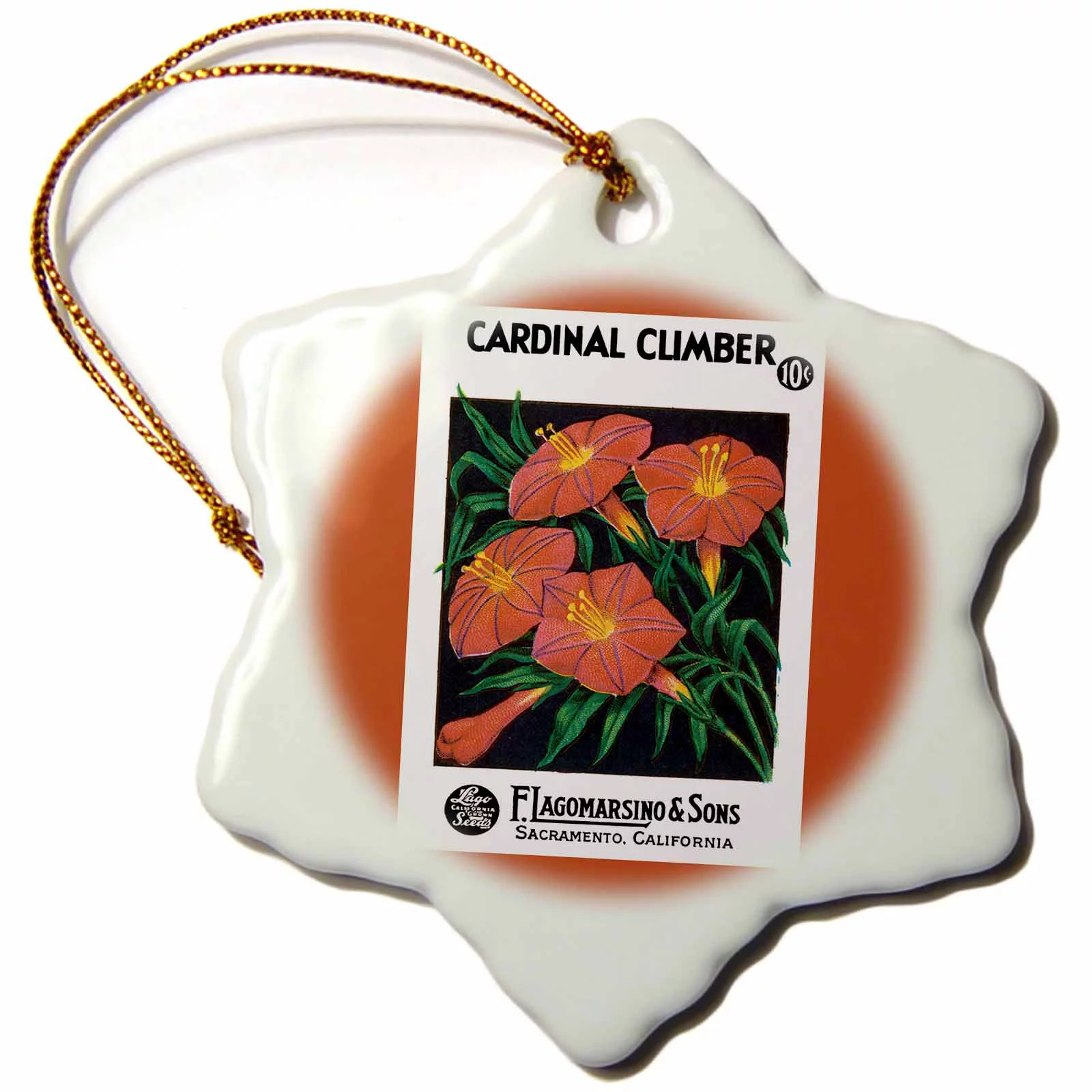 3dRose Cardinal Climber Seed Packet from F. Lagomarsino and Sons, Snowflake Ornament, Porcelain, 3-inch