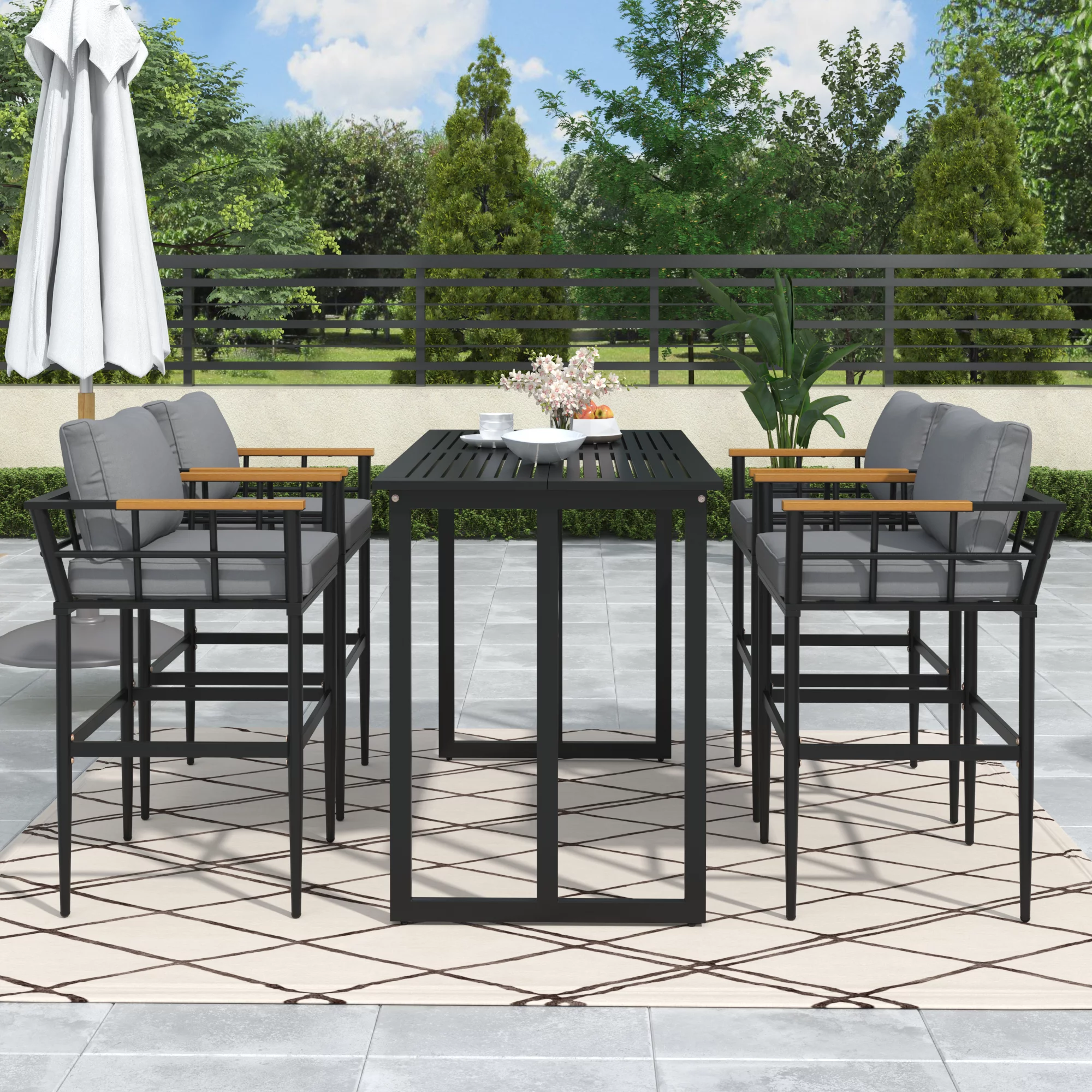 CoSoTower Steel Outdoor Dining Set with Acacia Wood Armrest Suitable for Patio, Balcony Or Backyard
