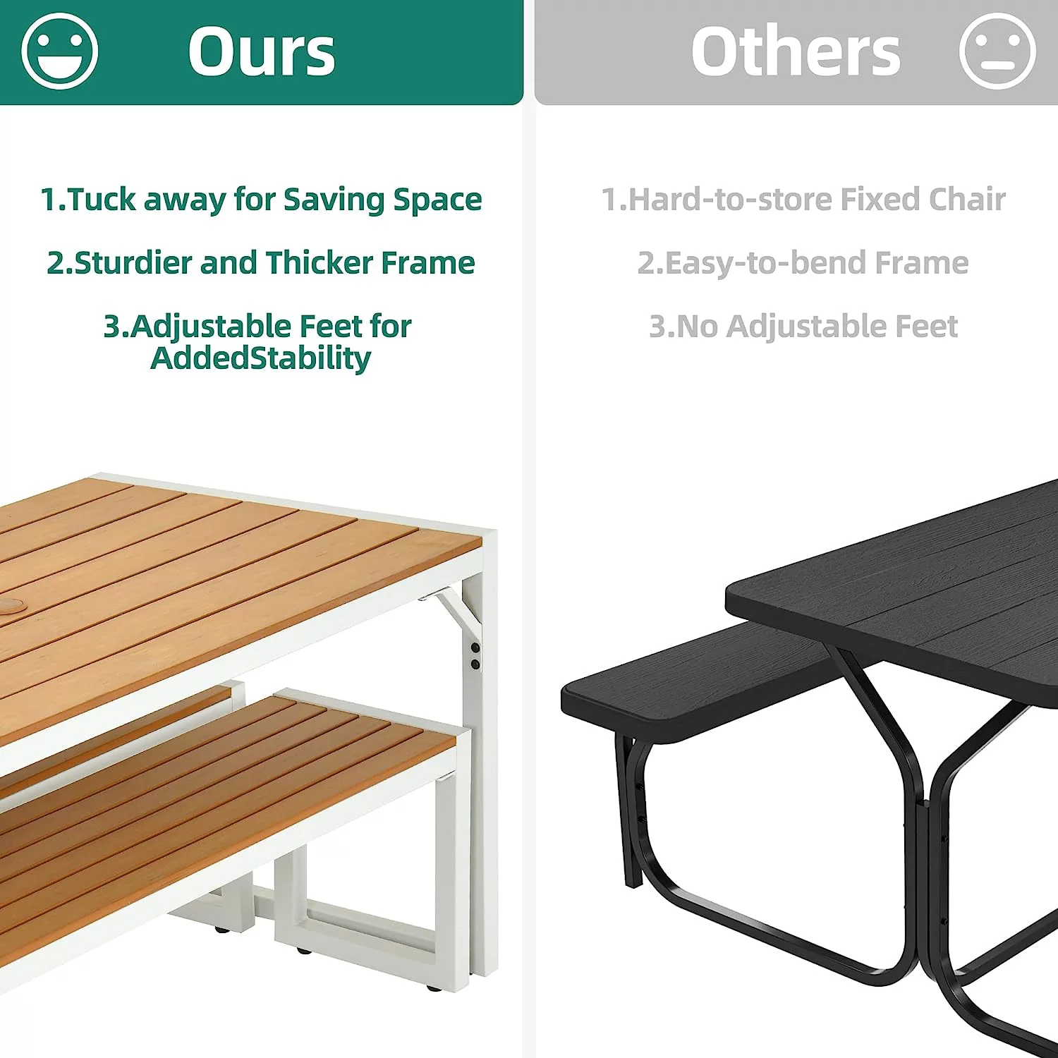 Patio Dining Table And Bench With Faux Wood , Outdoor Dining Set For 4-6 People, All-Weather Picnic Conversation Set For Garden Backyard Poolside - White & Walnut