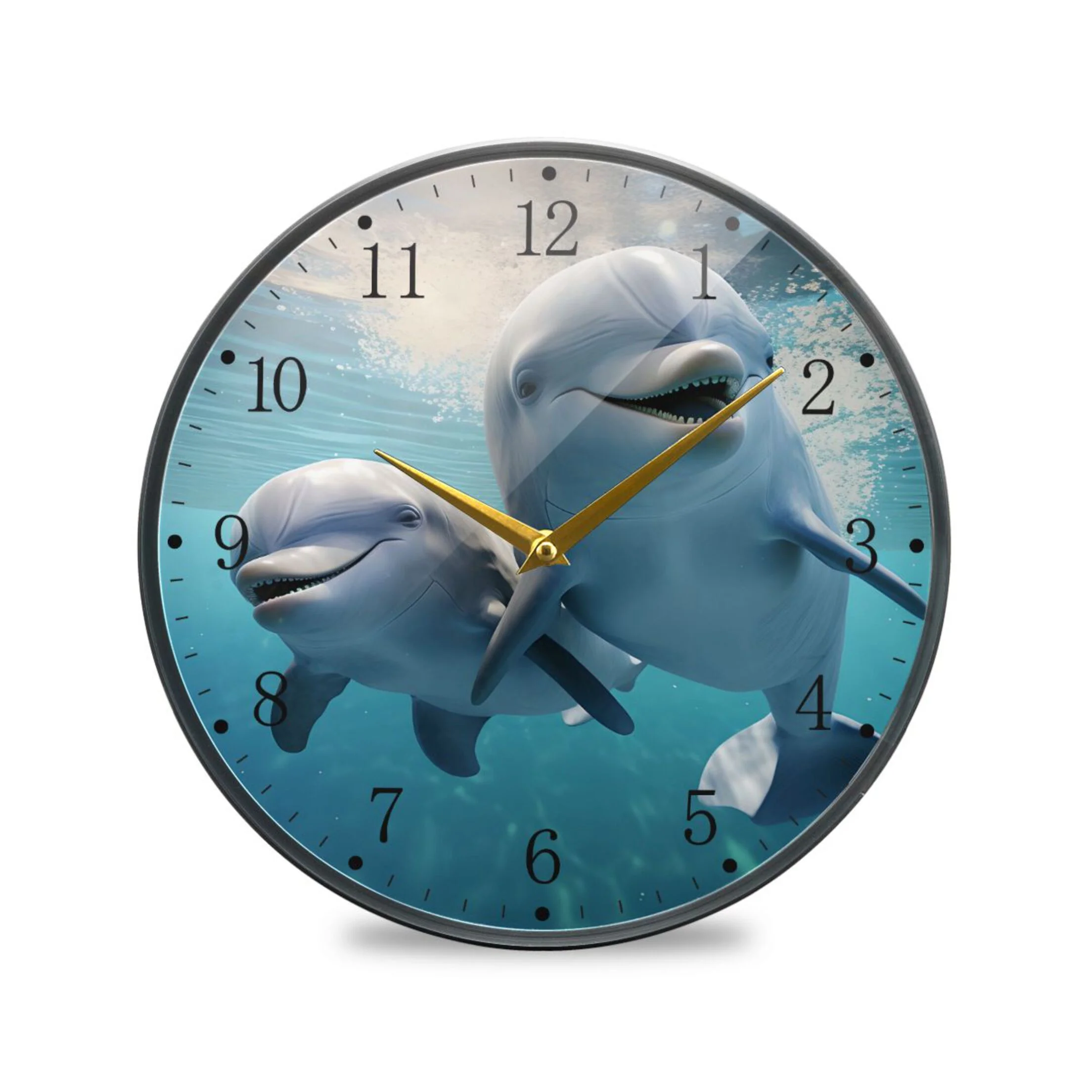 Dolphins under Water Acrylic Wall Clocks Quiet Round Clock Battery Operated Non-Ticking Clock for Bedroom Kitchen Office Decorative 11.9 Inch