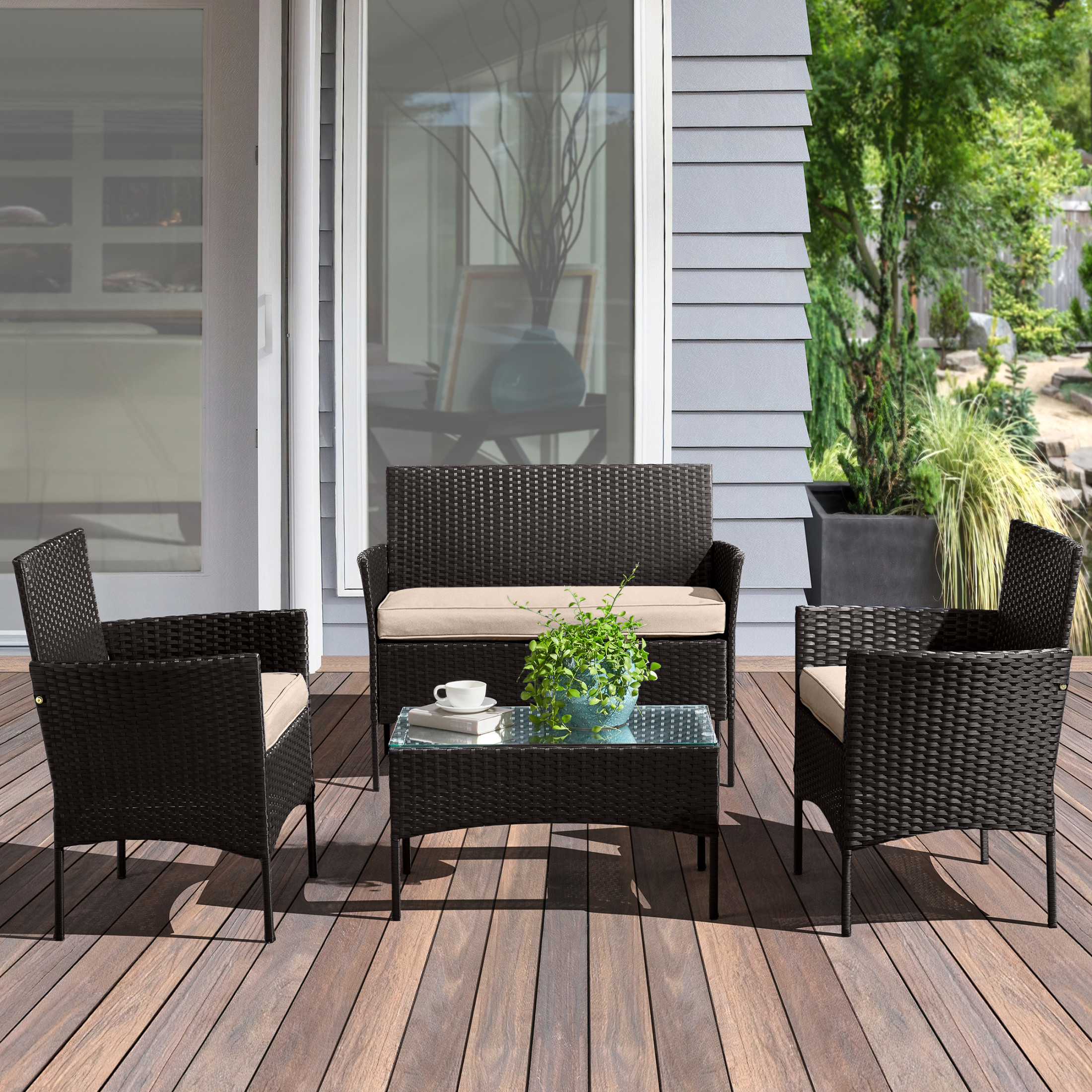 Lavish Home 4PC Patio Furniture Set with Couch, Chairs, and Table (Black)