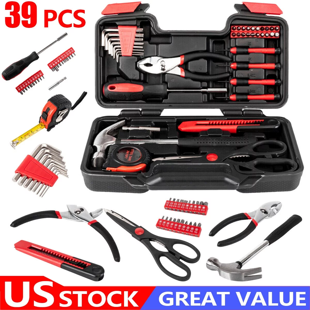 New Arrival 39-Piece General Home Tool Kit, Basic Household Repair Tool Set with Tool Box Storage Case - Great Gift for Beginners, College Students, Household Use & More