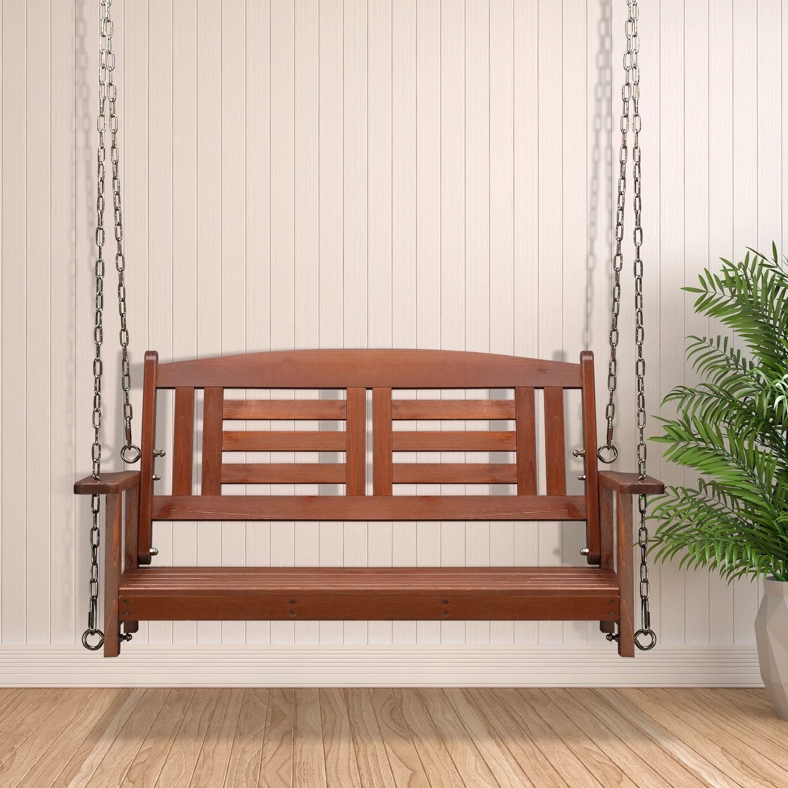 500lbs Capacity Double Wooden Swing with Chain, Reddish Brown Finish - Ideal for Outdoor Use in Gardens or Patios, Size 112*53*52cm