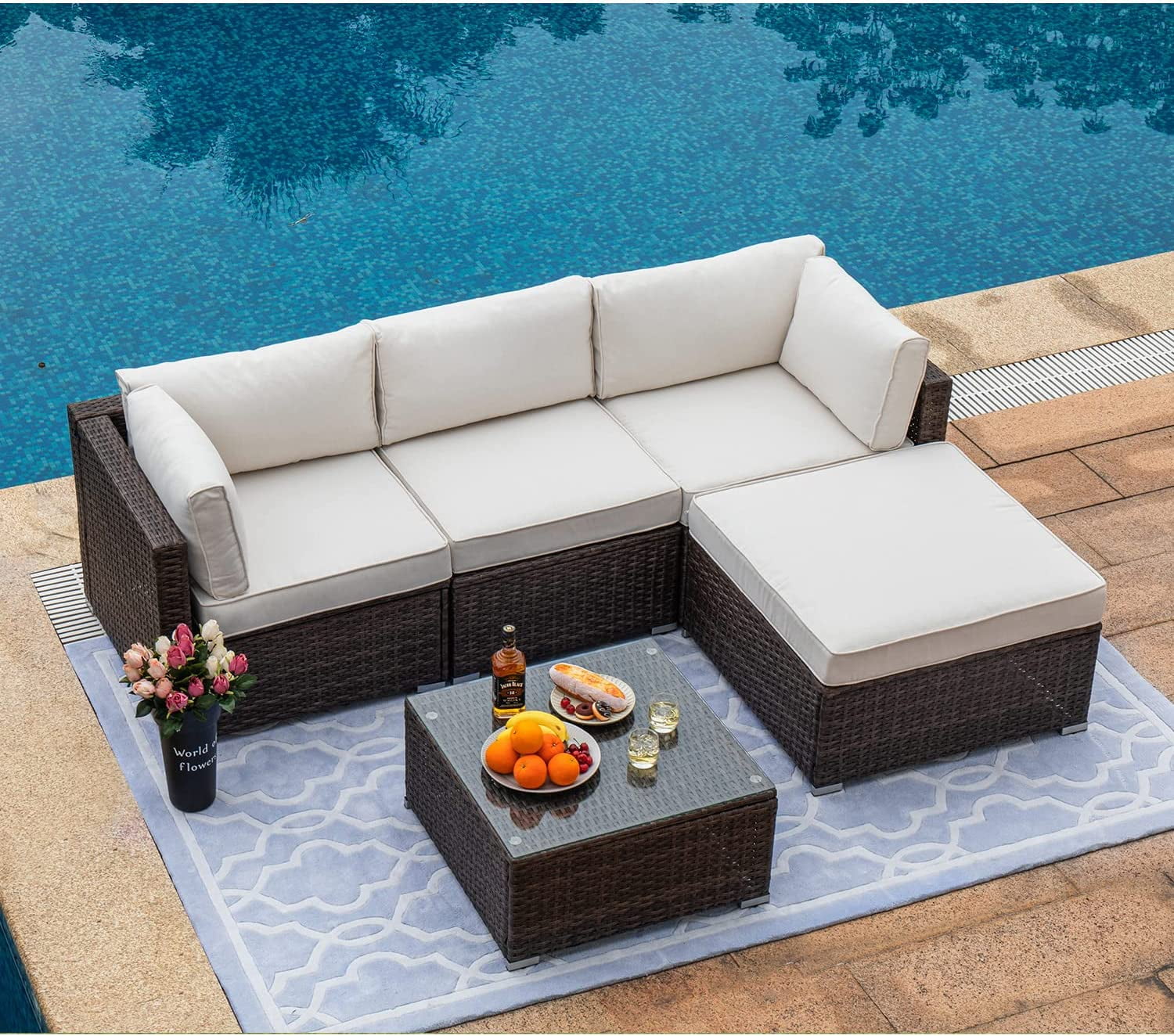 5-Piece Outdoor  All-Weather Mottlewood Brown Wicker Sectional Sofa w Warm Gray Thick Cushions  Glass-Top Coffee Table  2 Teal Pattern Pillows for Garden  Patio