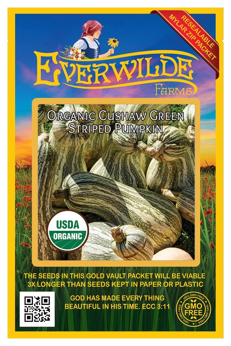 Everwilde Farms - 20 Organic Cushaw Green Striped Pumpkin Seeds - Gold Vault Jumbo Bulk Seed Packet