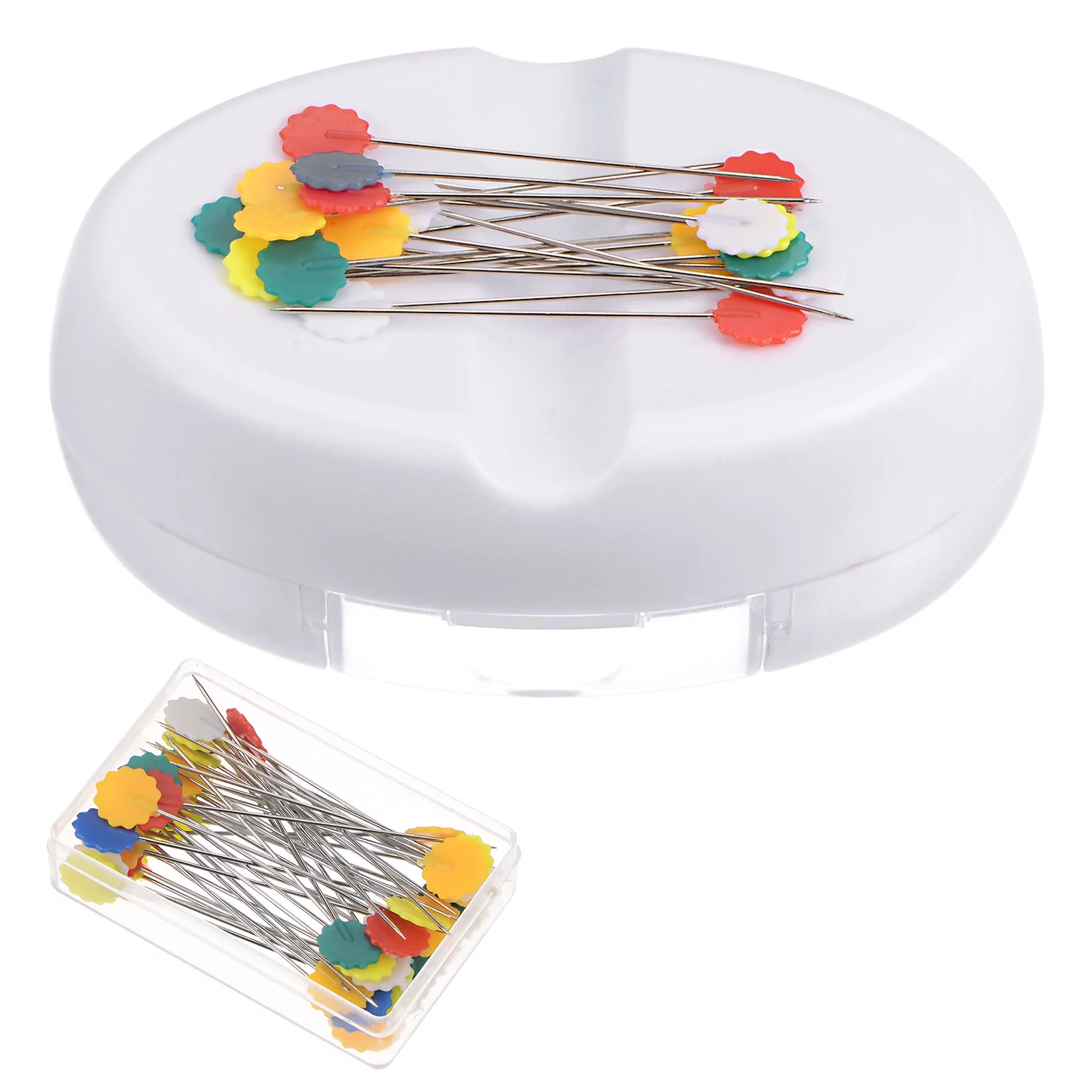 Uxcell Magnetic Pin Cushion with 100pcs Plum Flower Plastic Head Pins, Magnetic Pins Holder with Drawer, White