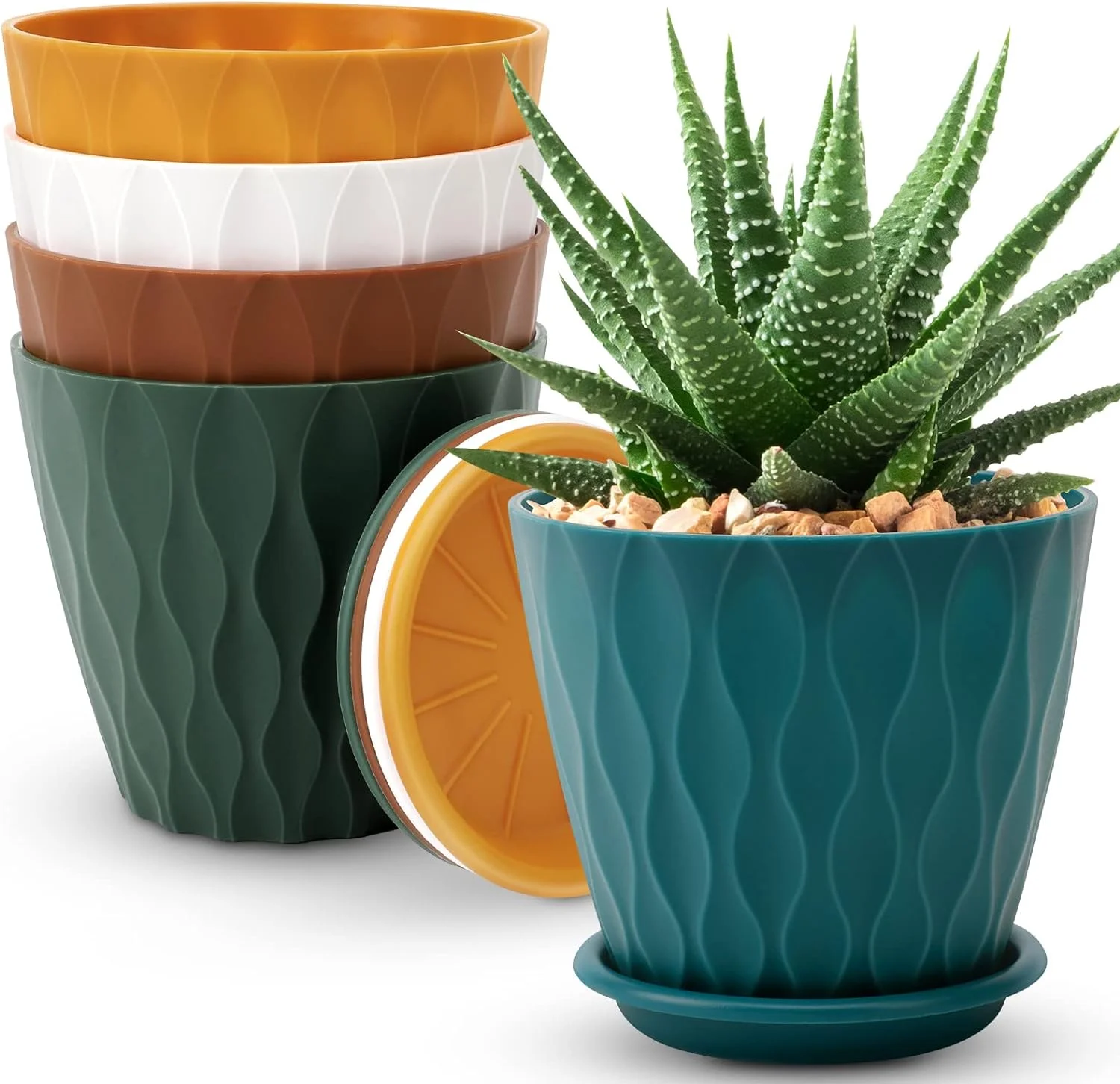 Nvzi-a 6 inch Plant Pots, 5 Pack Flower Pots Outdoor Indoor, Planters with Drainage Hole and Tray Saucer 5 colors