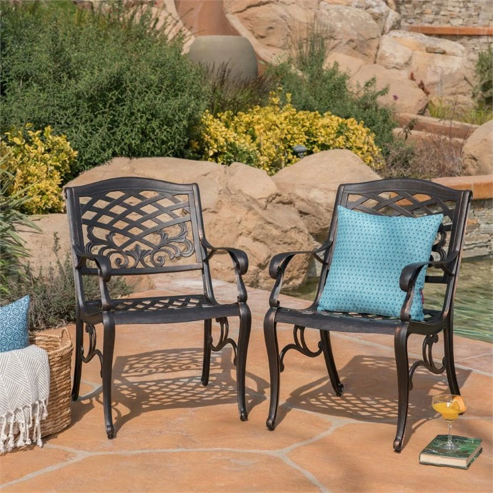Noble House Sarasota Aluminum Patio Dining Arm Chair in Shiny Copper (Set of 2)