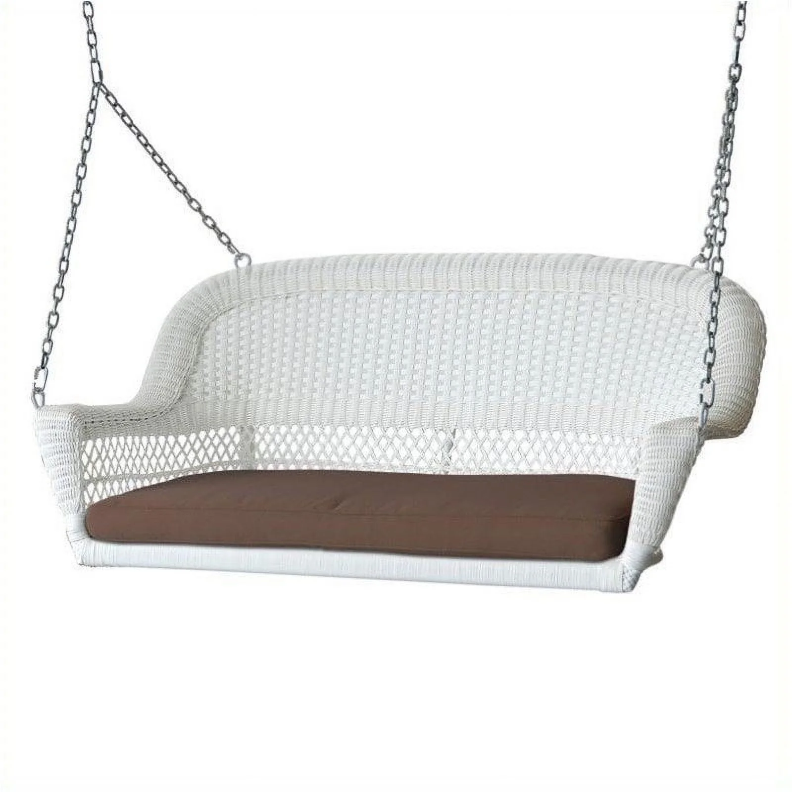 Pemberly Row Wicker Porch Swing in White with Brown Cushion