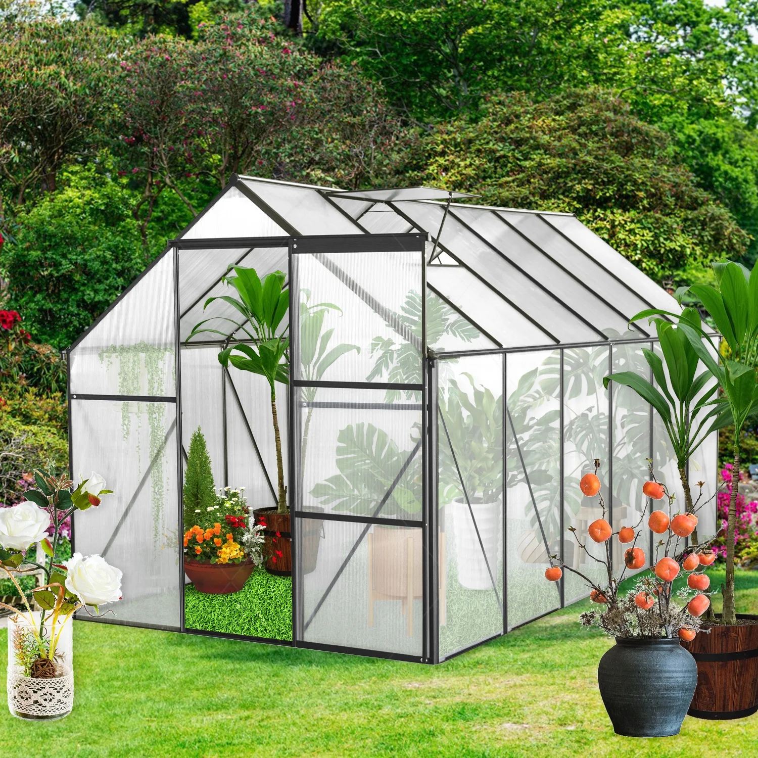 Spacious 6x12 FT Aluminum Walk-in Greenhouse with Durable Black Heavy Duty Polycarbonate and Raised Base - All Season Outdoor Backyard Growing Solution with Anchor for Extended Growing Se