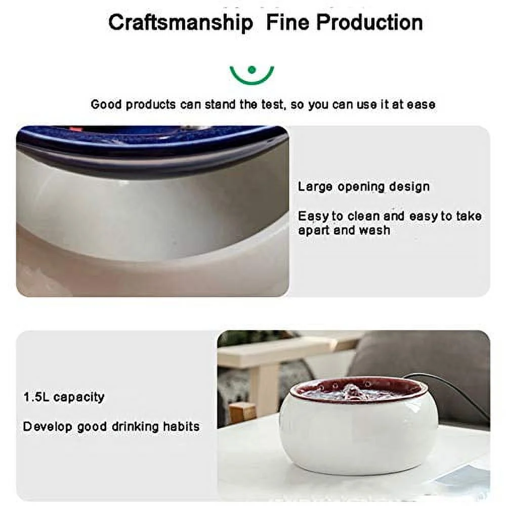 Intelligent Ceramic Pets Water Dispenser Fountain Cat Water Fountain 50.8Oz/1.5 L,Automatic Electric Porcelain Cat Drinking Fountain for Pets with Activated Carbon Filter and Mute Pump