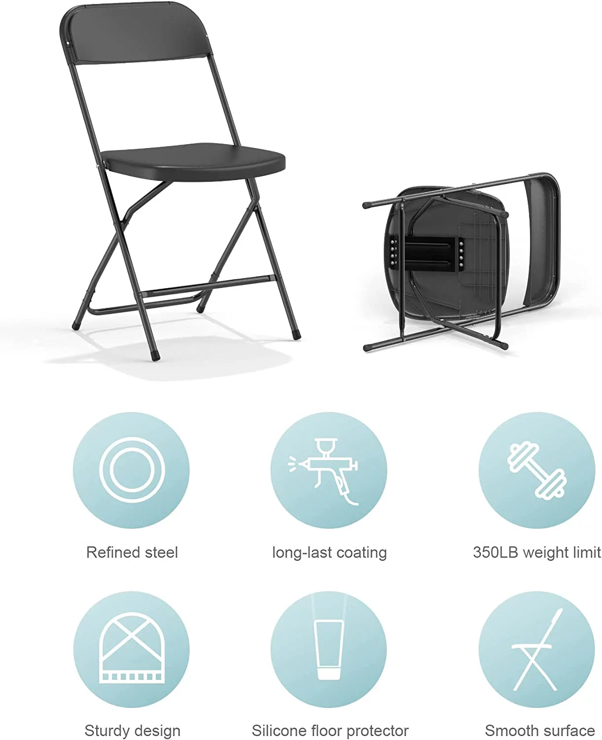 Foldable Folding Chairs Plastic Outdoor/Indoor 650LB Weight Limit (Black, 4 Pack)