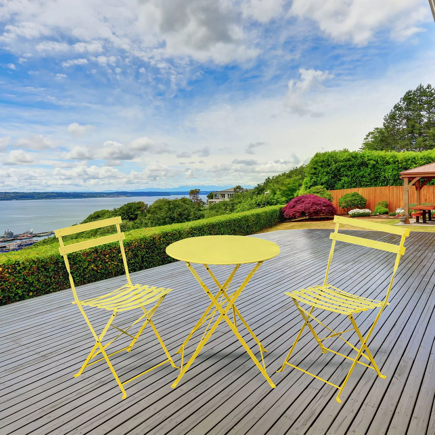 Junipel 3 Piece Relaxing Folding Furniture Set – 2 Ideal Sitting Sturdy Chairs With a Hardy Round Table - Yellow