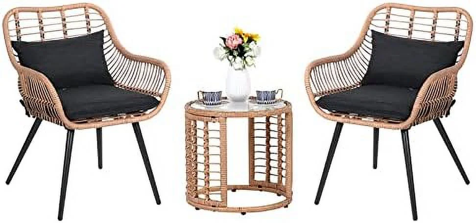 HBLUKDL 5 Piece Outdoor Wicker Conversation Set with Ottomans  Patio   with Rattan Chairs and Round  for Porch  Balcony  Poolside  Yard  Gray Cushion