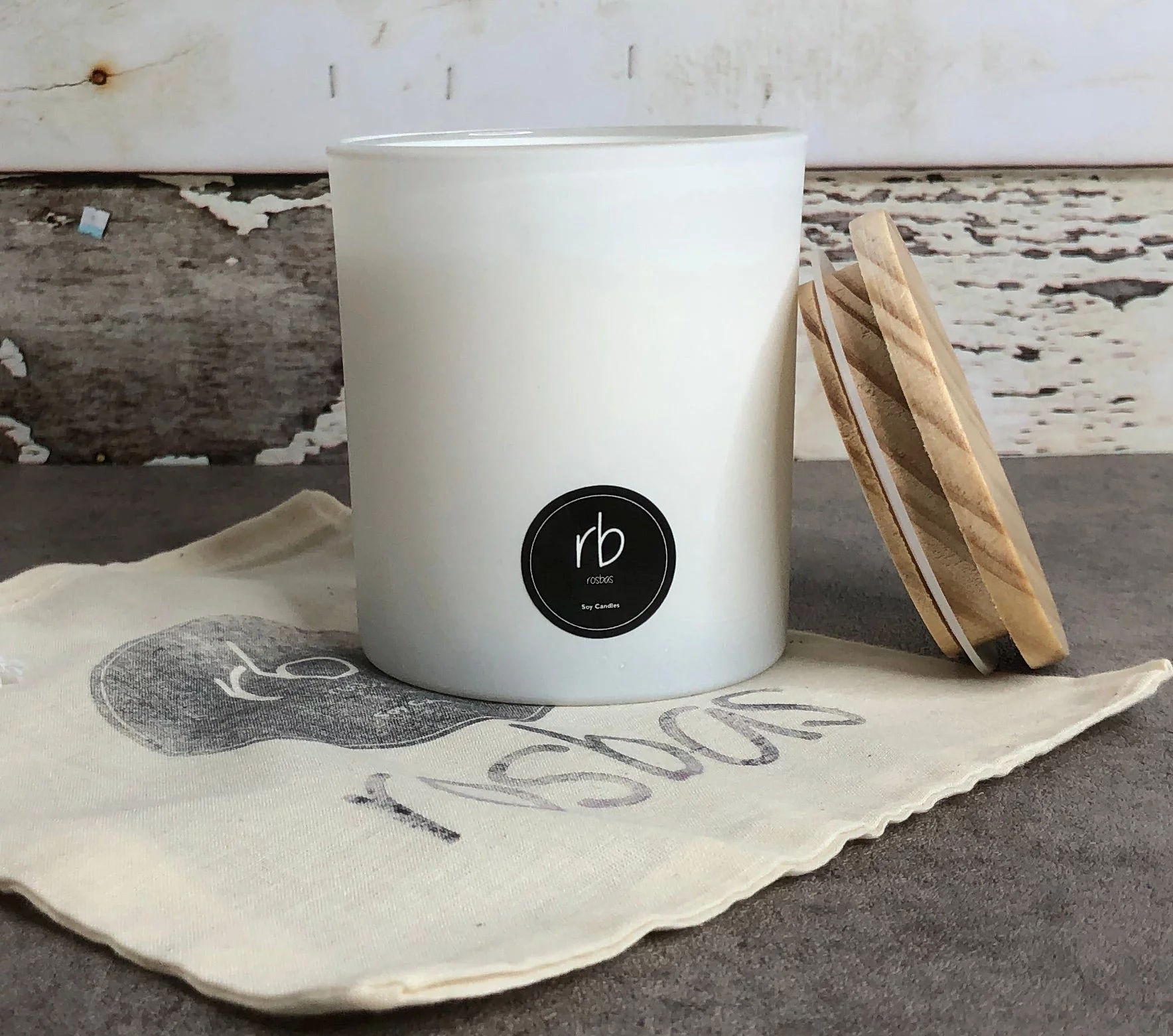 Rosbas, Soy Candle, Peppermint & Eucalyptus Scented, 7 oz White Glass Jar, Wooden Lid, Cotton Wick, Drawstring Cotton Bag, Long Burn Time, Home, Non-Toxic,Handmade in the USA