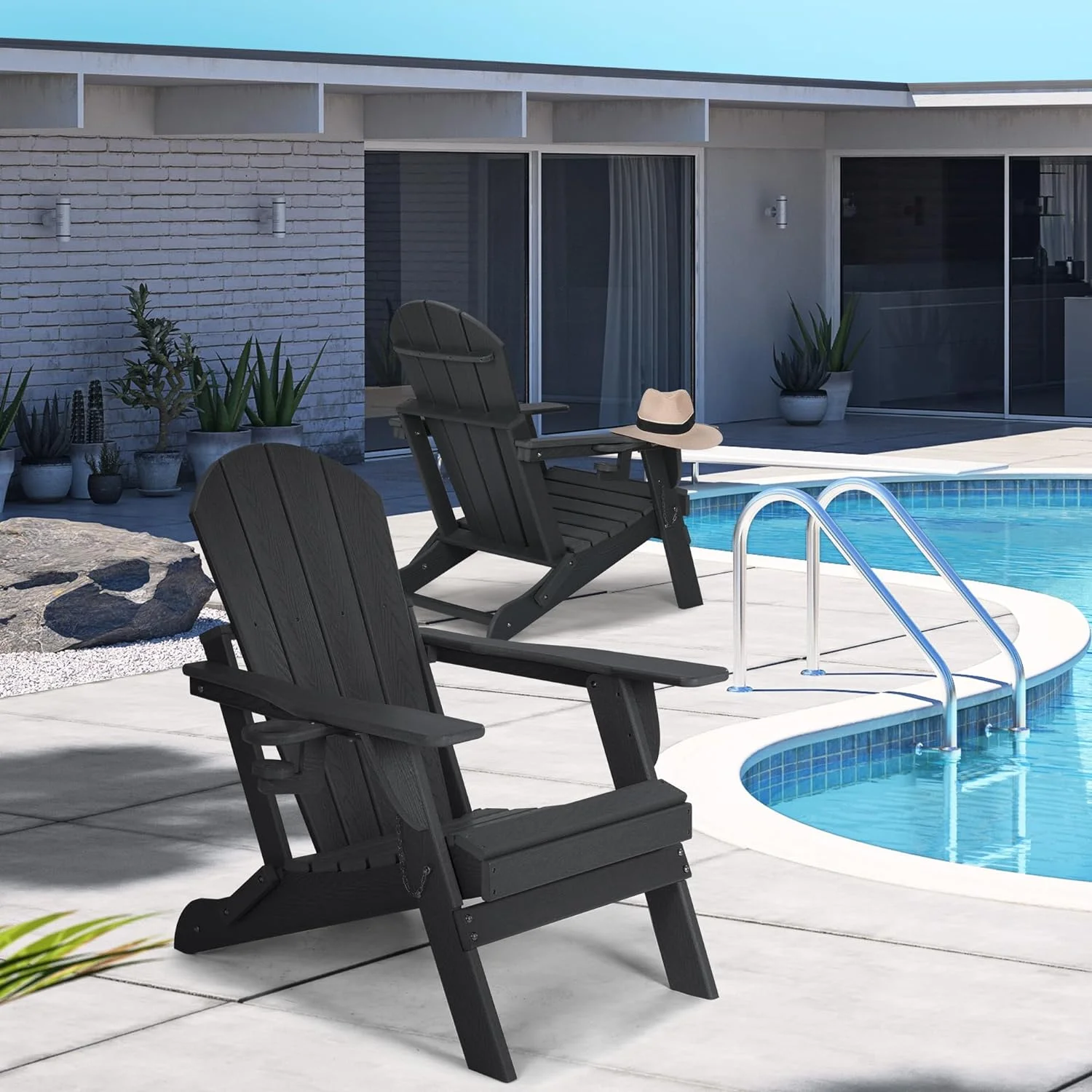 Folding Adirondack Chair, Patio Chair with Cup Holder, Wood Texture Fire Pit Chair, Heavy Duty HDPE Weather Resistant for Outdoor Lawn Porch Garden Backyard Deck (Black)