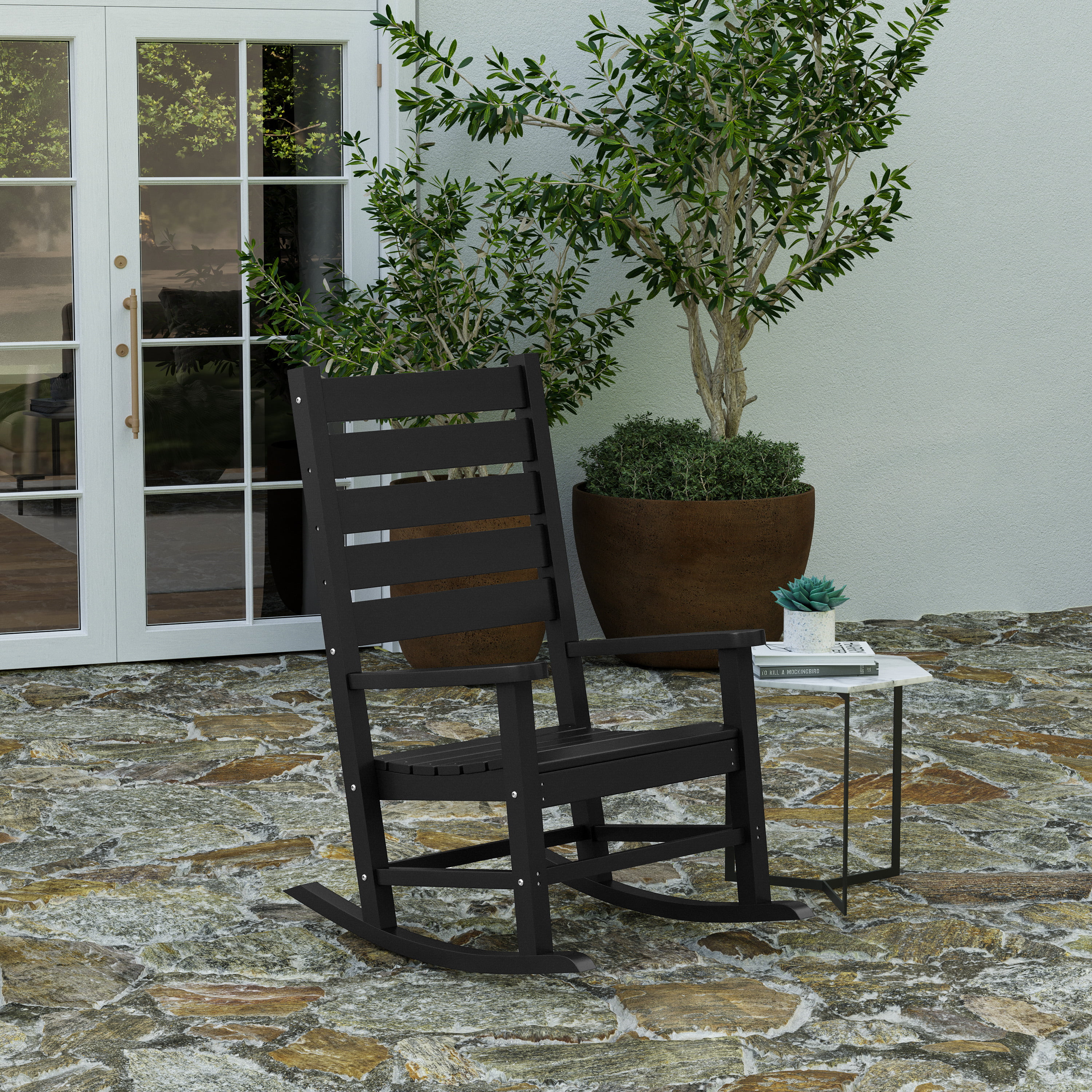 Merrick Lane Contemporary Rocking Chair, All-Weather HDPE Indoor/Outdoor Rocker in Black