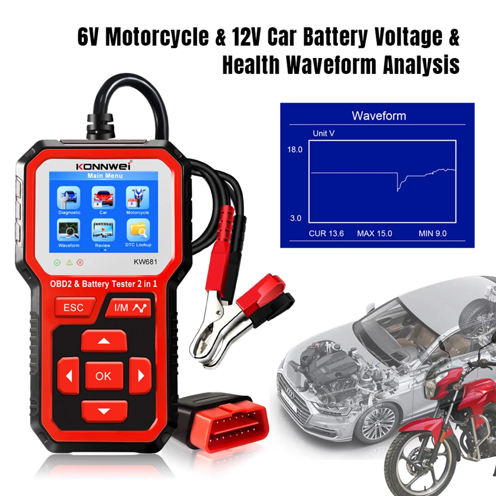 Meterk KW681 Car&Motrocycle Battery Tester & OBDII Diagnostic Scanner Tool 2 in 1