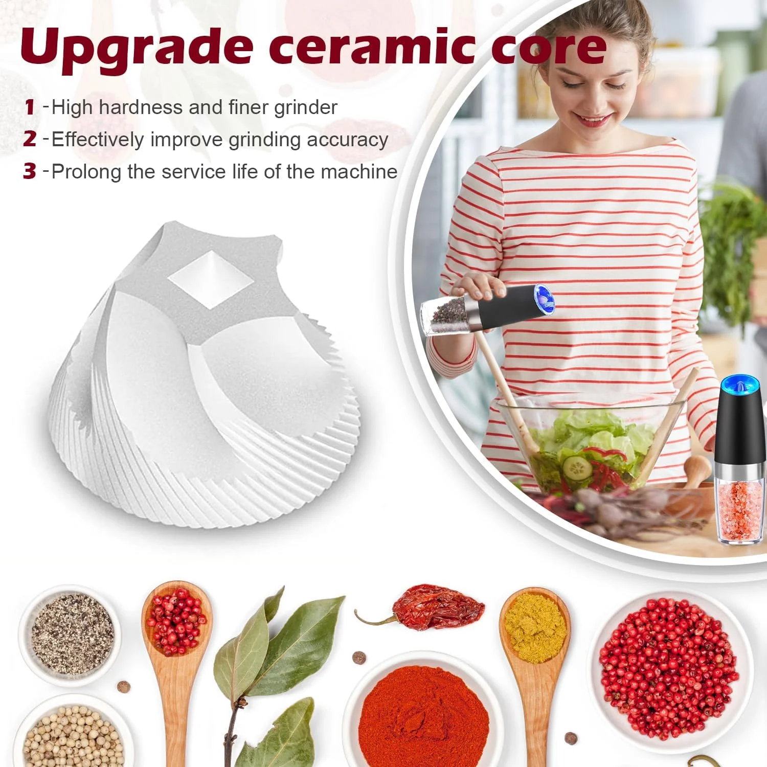 Gravity Electric Pepper and Salt Grinder Set, Adjustable Coarseness, Battery Powered with LED Light, One Hand Automatic Operation, Stainless Steel Black, 2 Pack